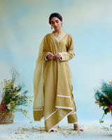 Olive Brown Kurta in Cotton Dobby and Schiffli fabric with Delicate Lace Detaling