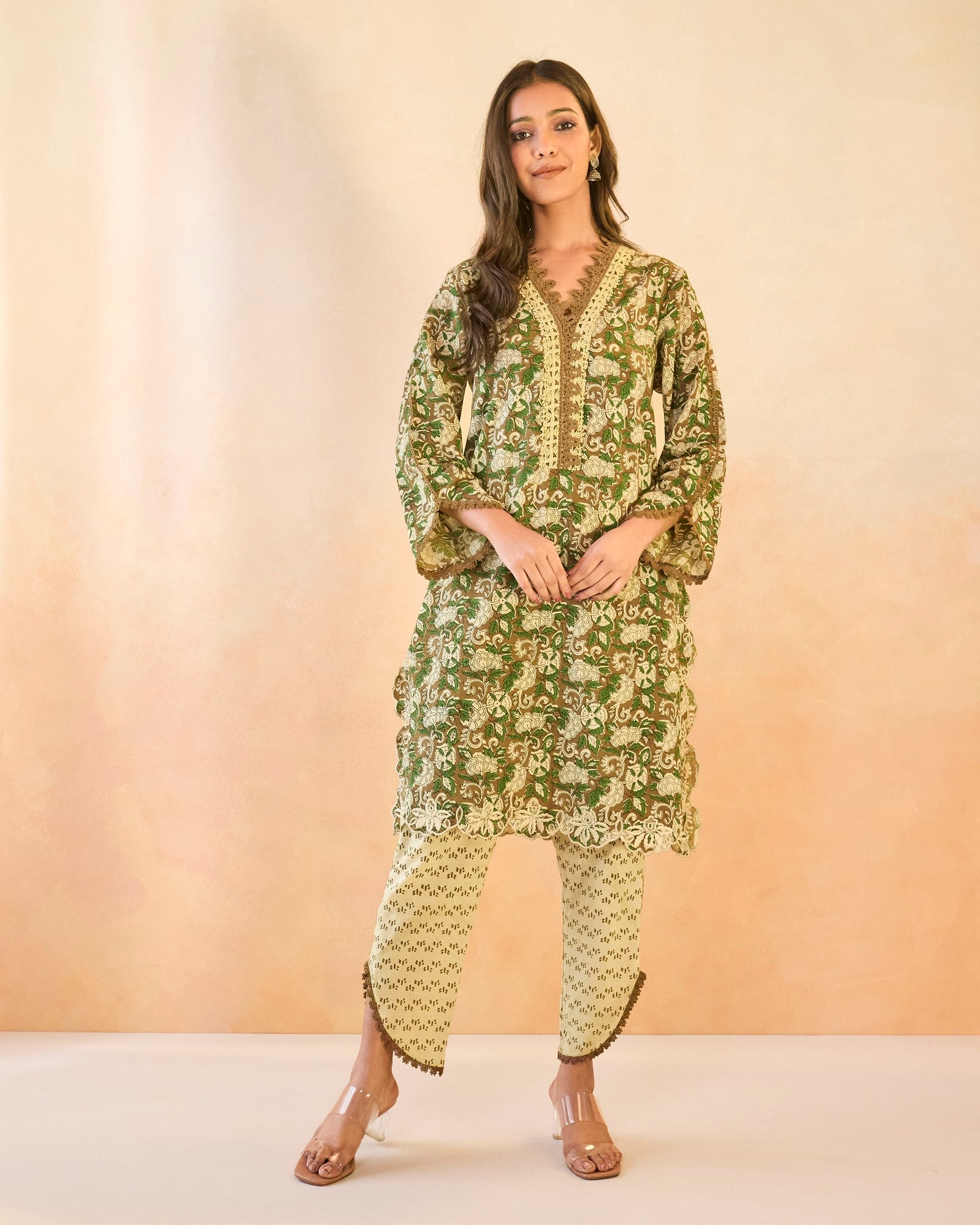 Olive Petal Scallop Cotton Kurta with Tulip Pants