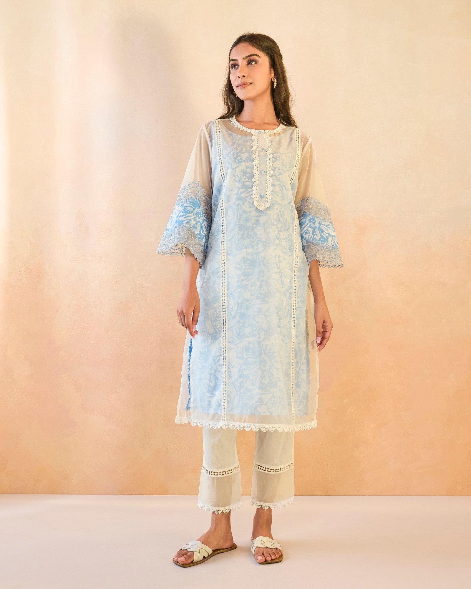 Sky Floral Embroidered Organza Slip Kurta with Narrow Pants
