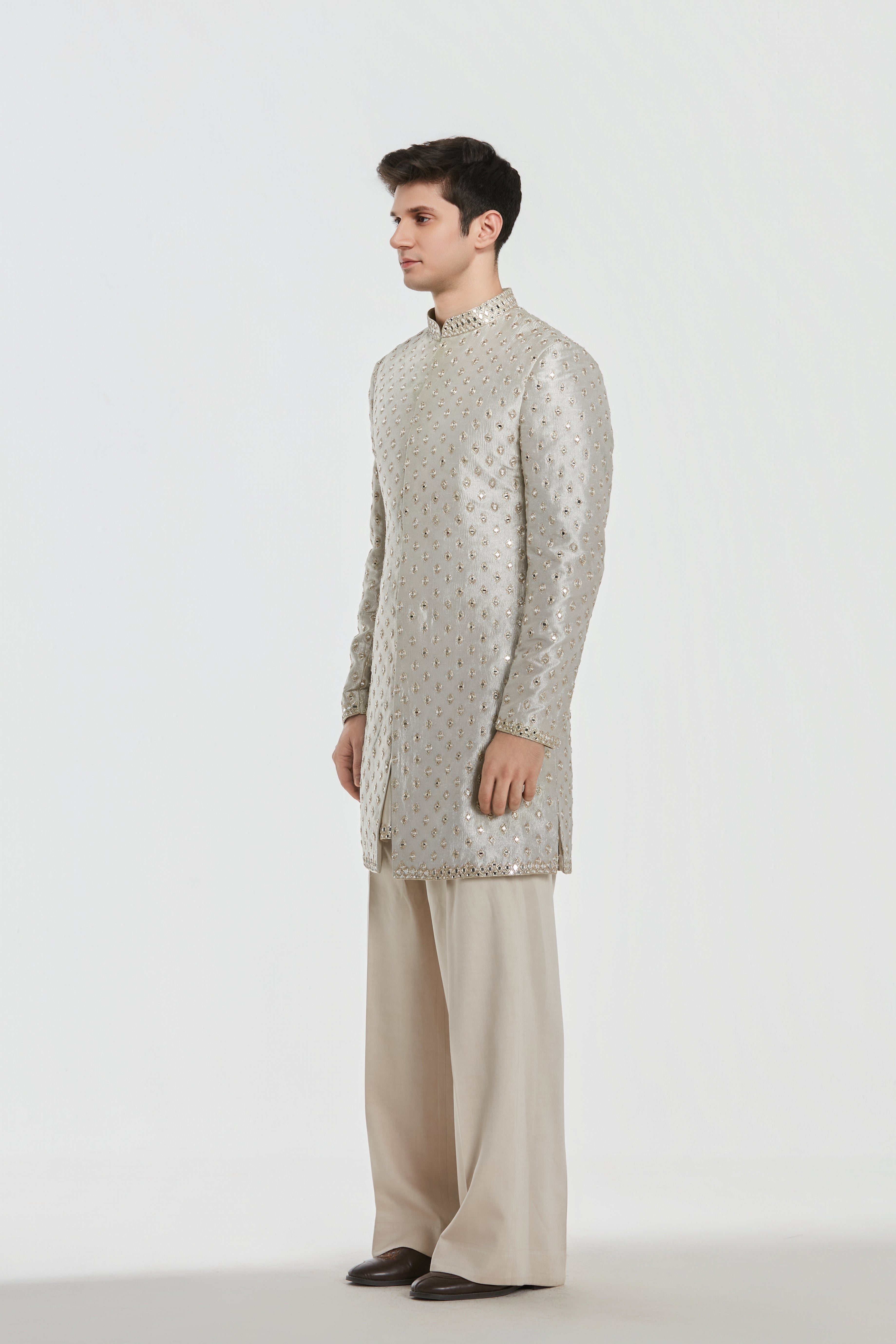 Sherwani - Tissue , kurta - Heavy chanderi , Pant - cotton twill