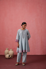 Sky blue chanderi dori work  floral and french knot embroidered kurta paired with pant & organza dupatta