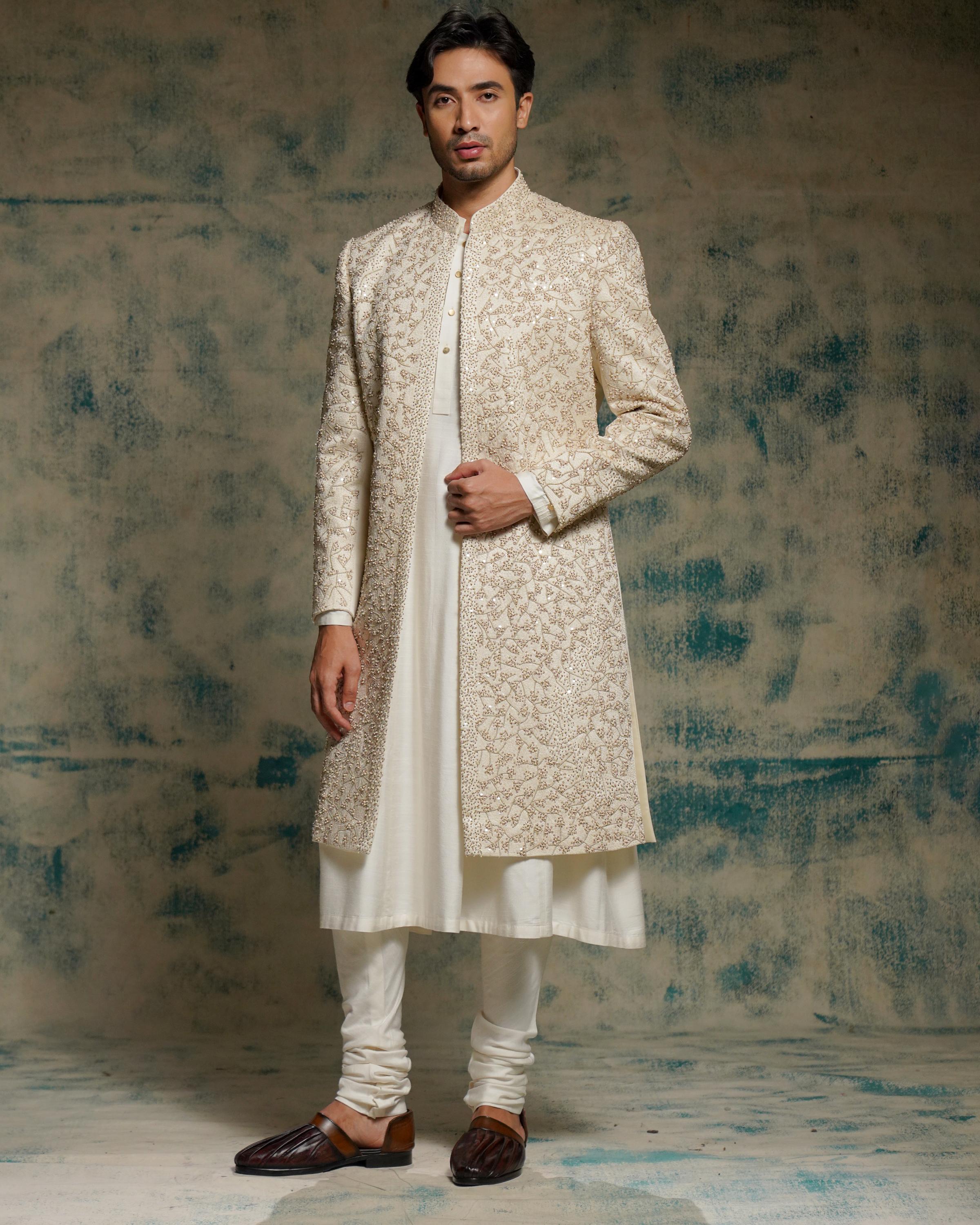 Ivory embriodered pearl open sherwani set
