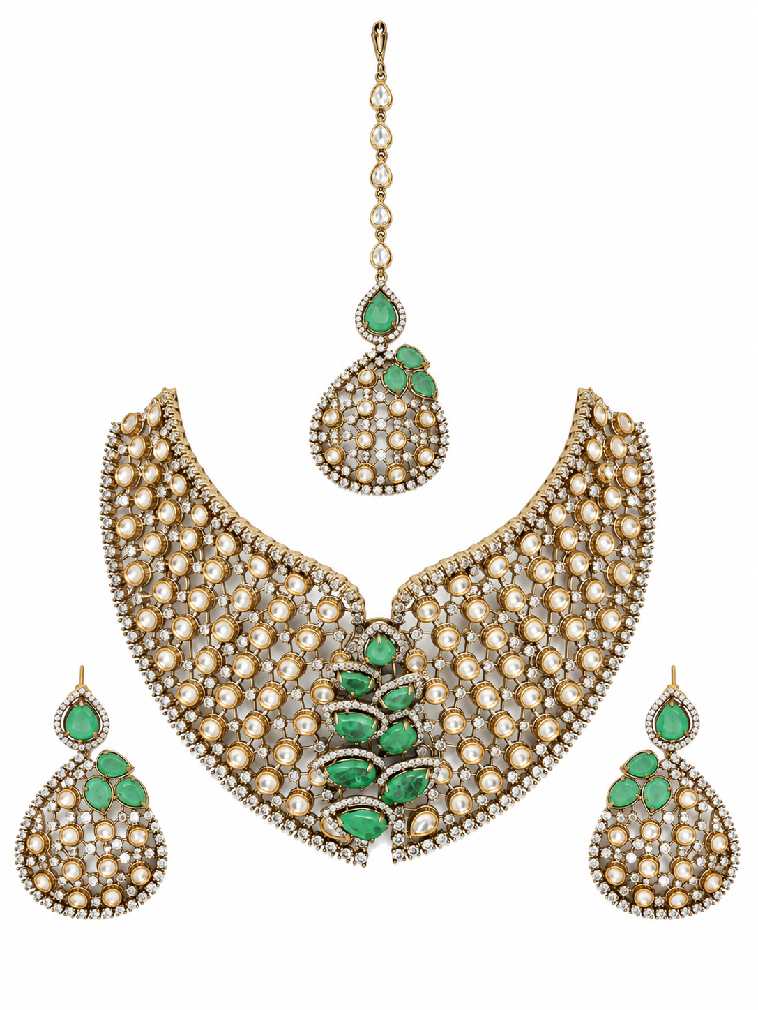 Sage Green Moissanite Polki Statement Necklace Set