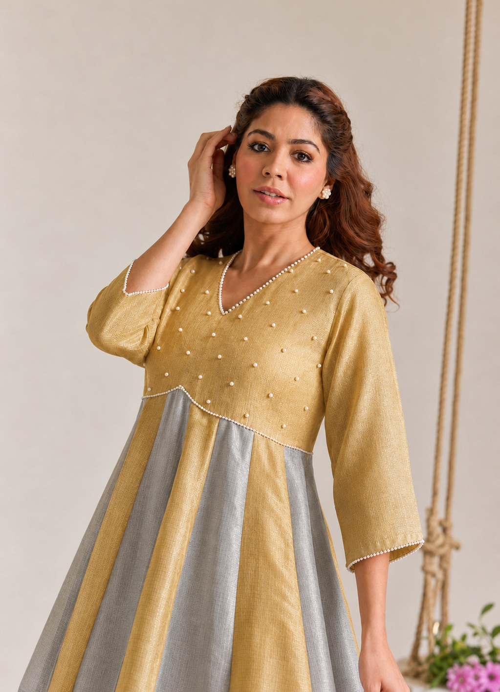 Golden Silver Pearl Kota Tissue Anarkali Set - Set of 2