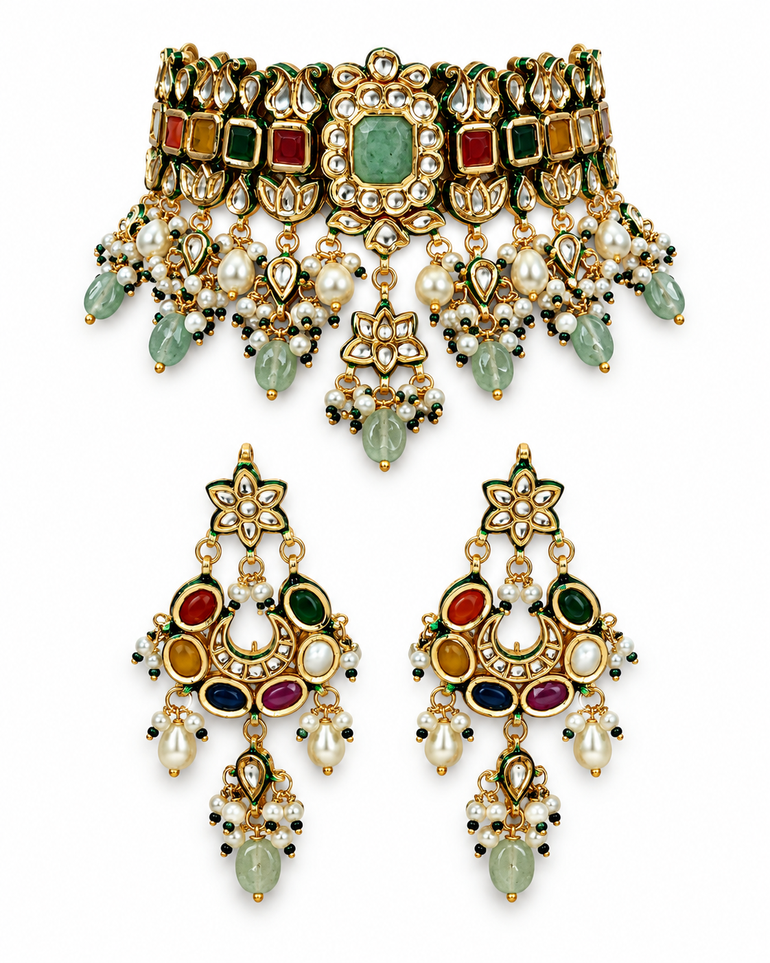 Navratna Kundan Pearl Choker Earring Set