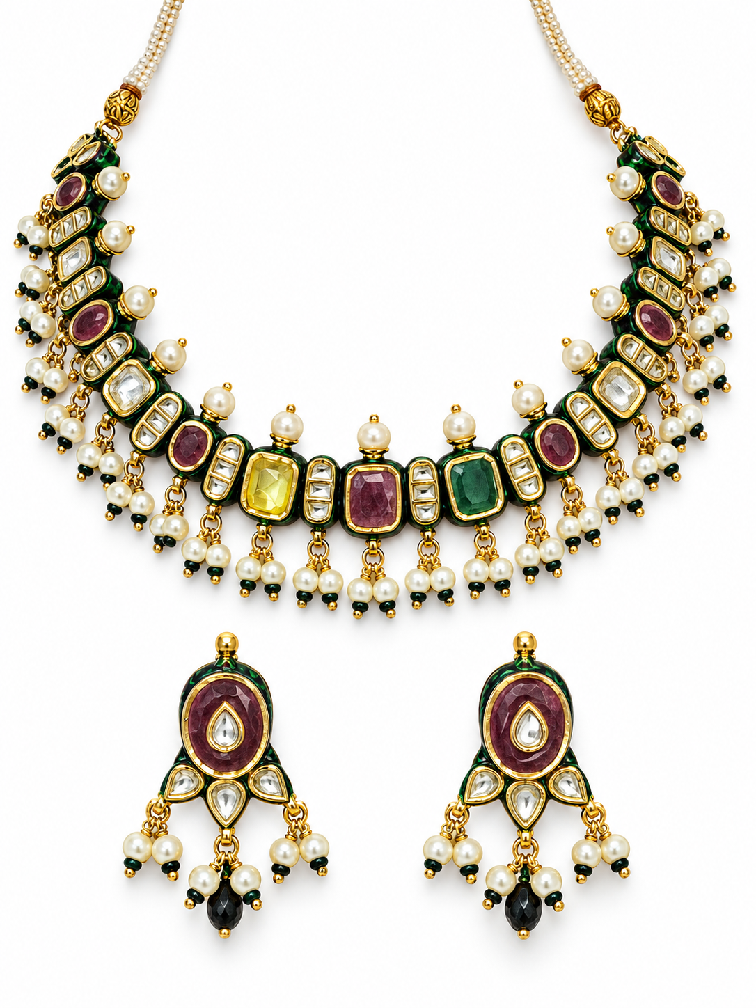 Navratna Kundan Pearl Necklace Earring Set