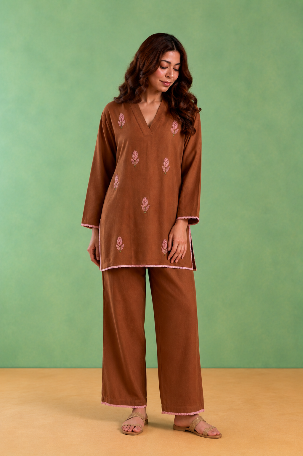Brown Rose Embroidered Handloom Cotton Co-ord Set