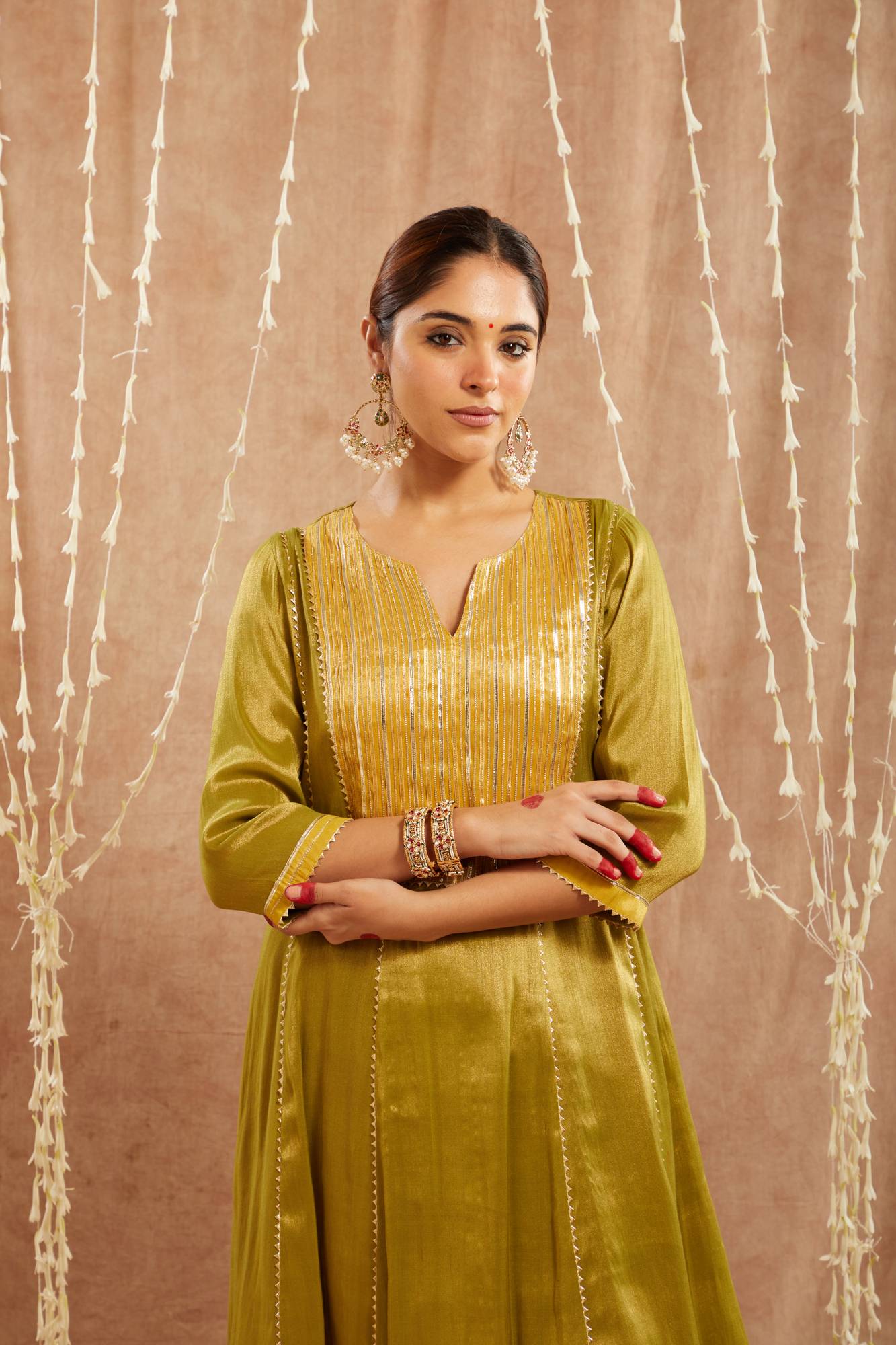 Green Yoke Tissue Anarkali with 
Narrow Pants