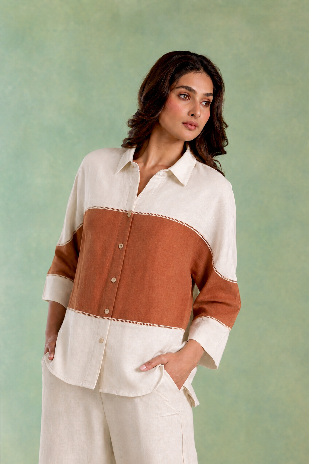 Ivory Brown Panel Handloom Cotton Co-ord Set