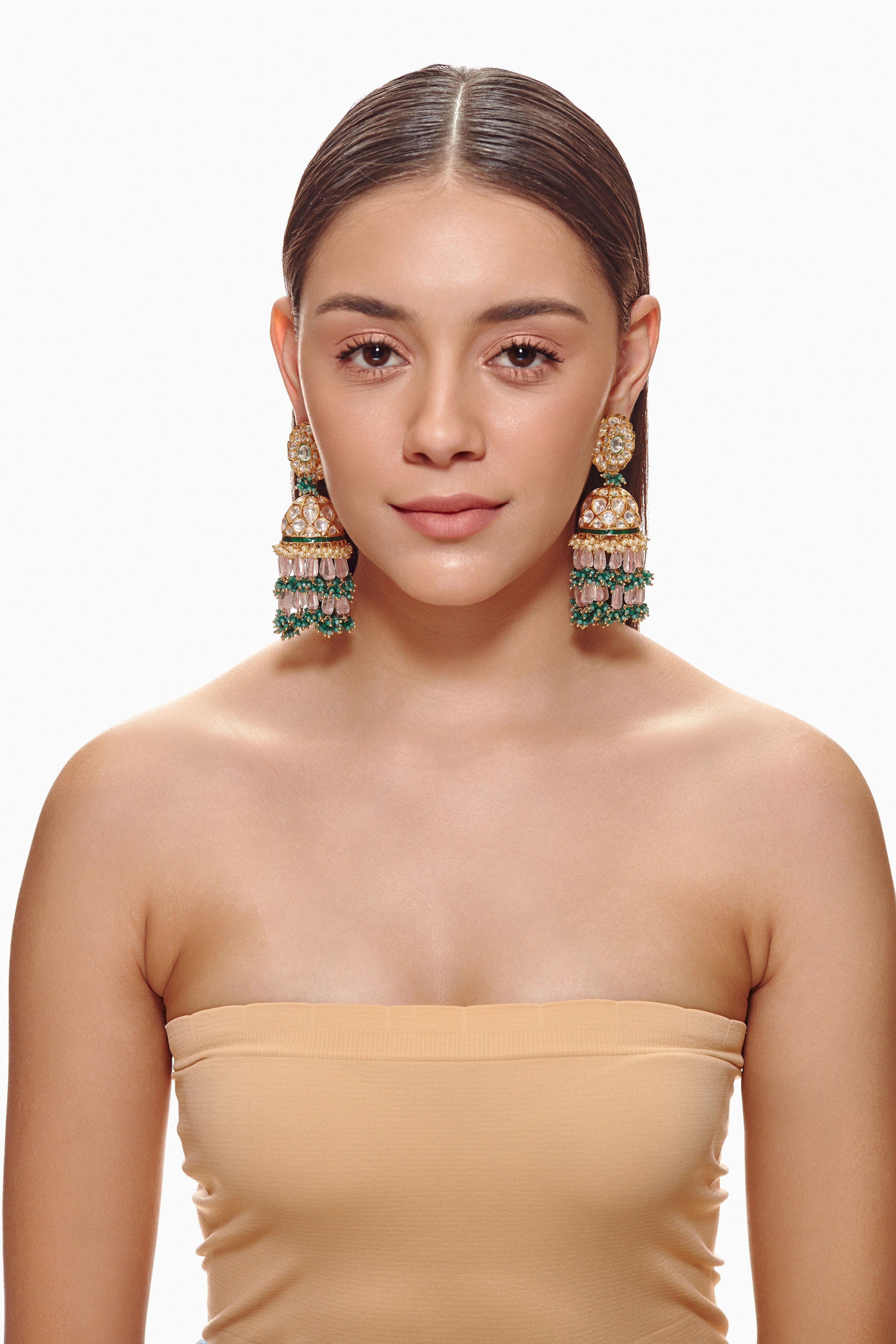 Pink, Green and Gold Kundan Jhumkas