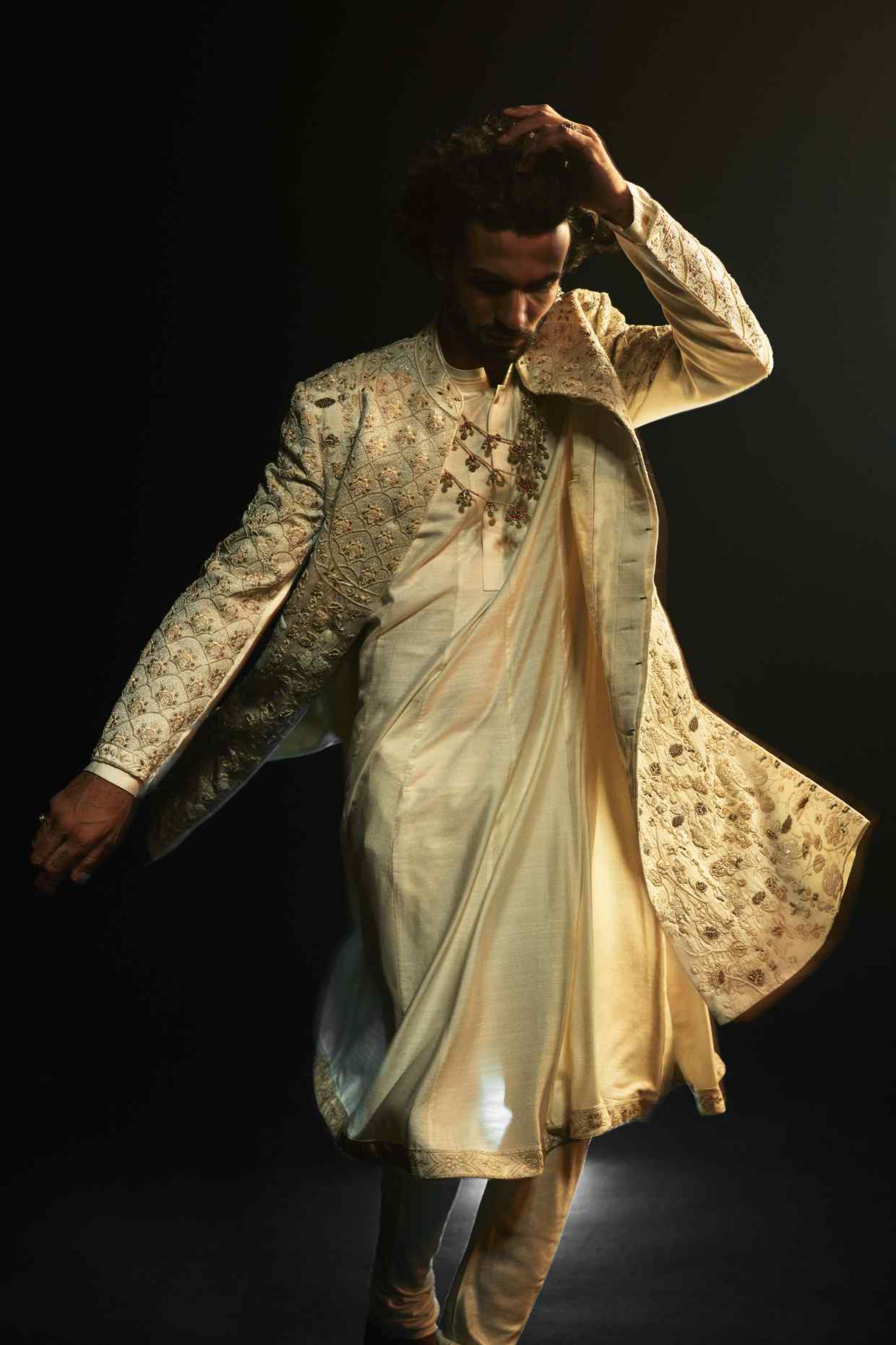 Ivory Embriodered Cutdana Sherwani Set