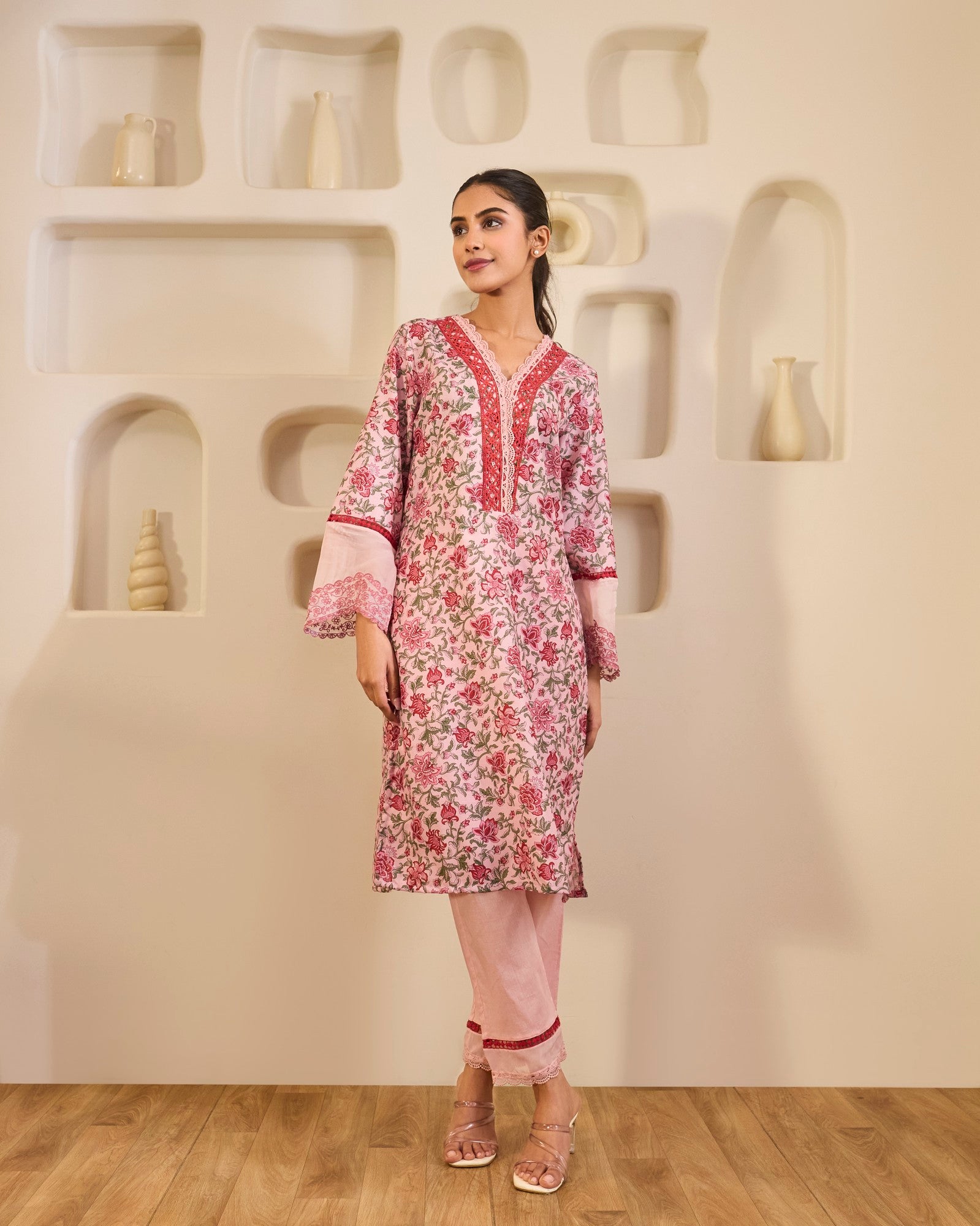 Rosewood Embroidered Cotton Kurta with Narrow Pants