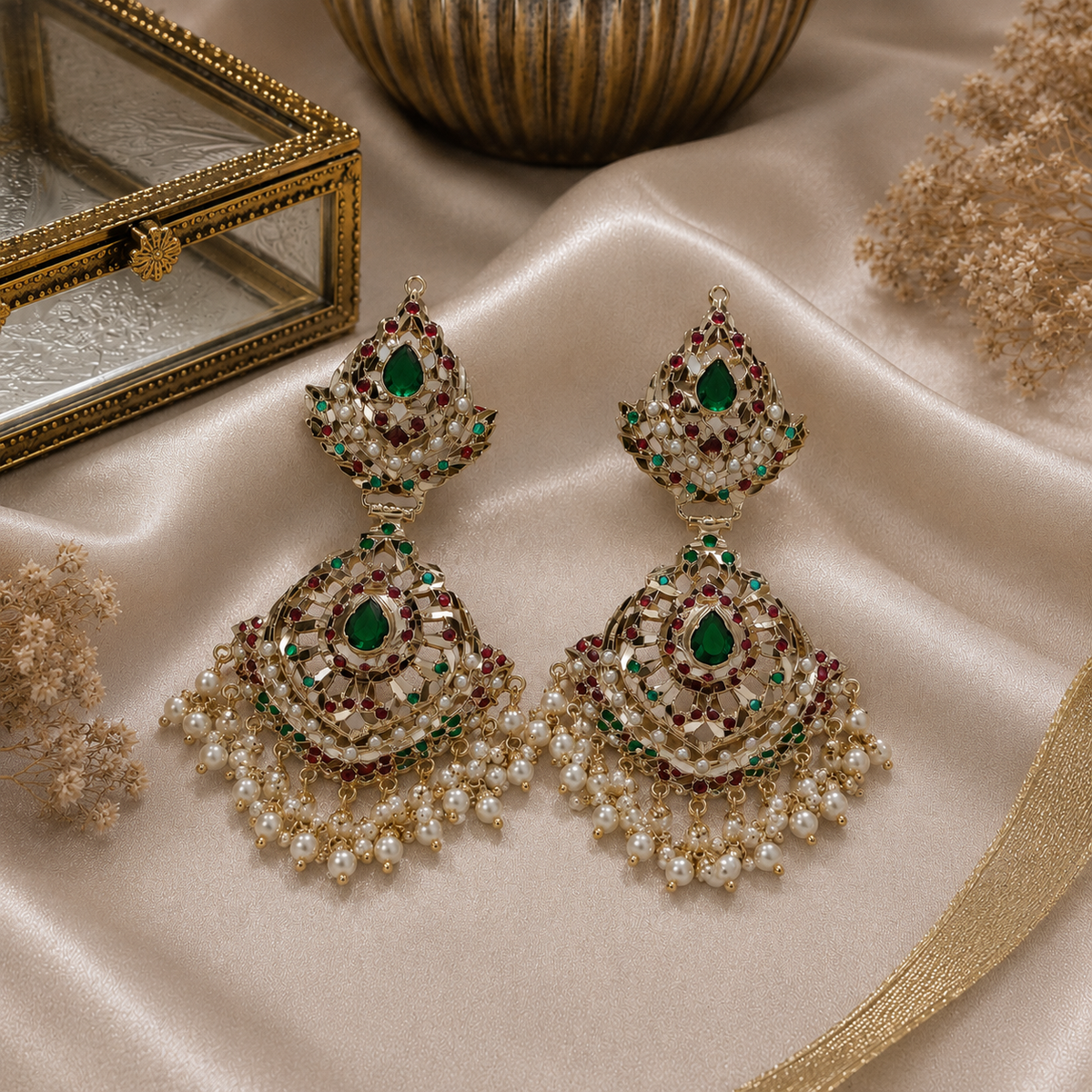 Multicolour Jadau Pearl Drop Earrings