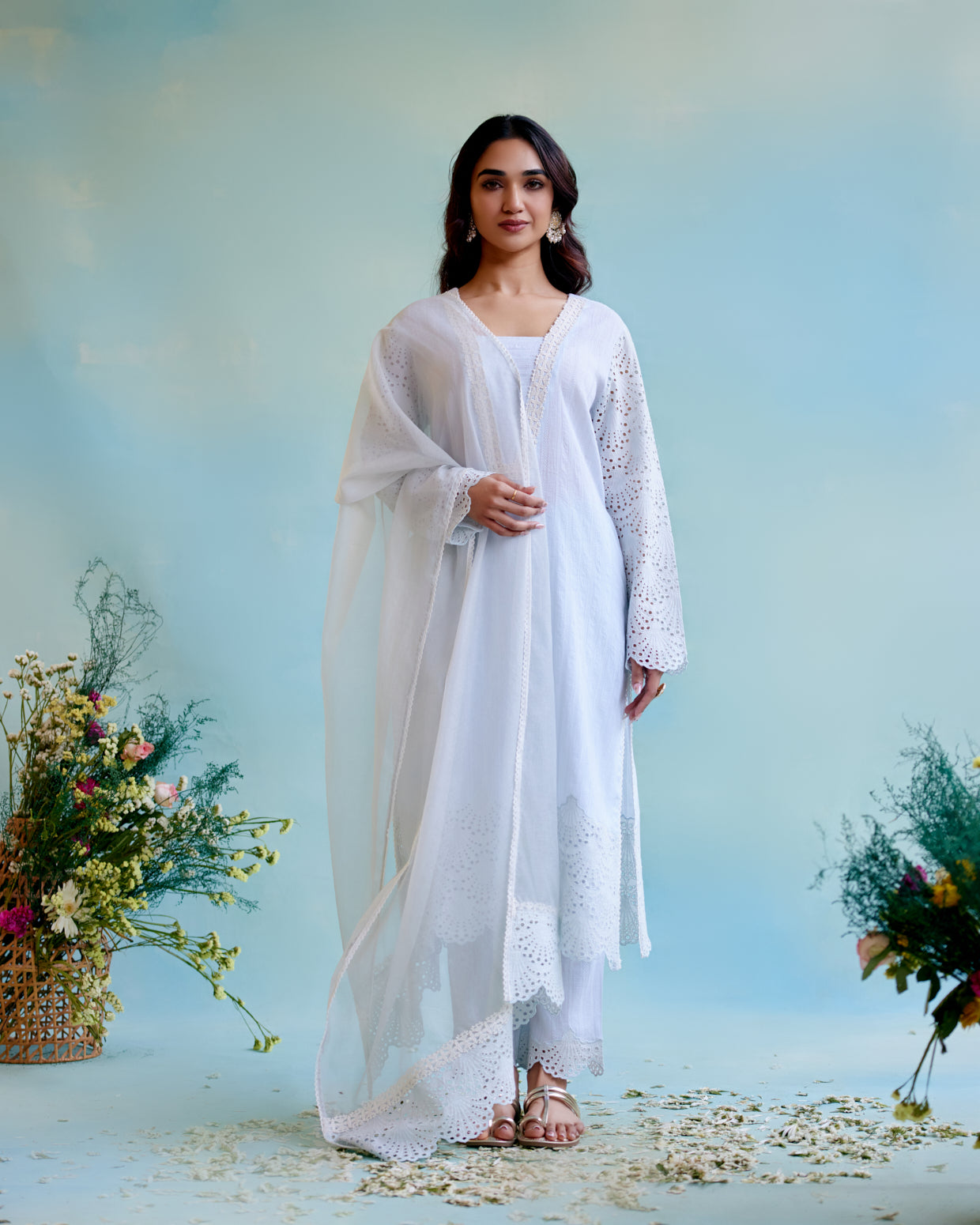 Periwinkle Blue Kurta in Cotton Dobby with Lace Detaling and Scallop Sleeves