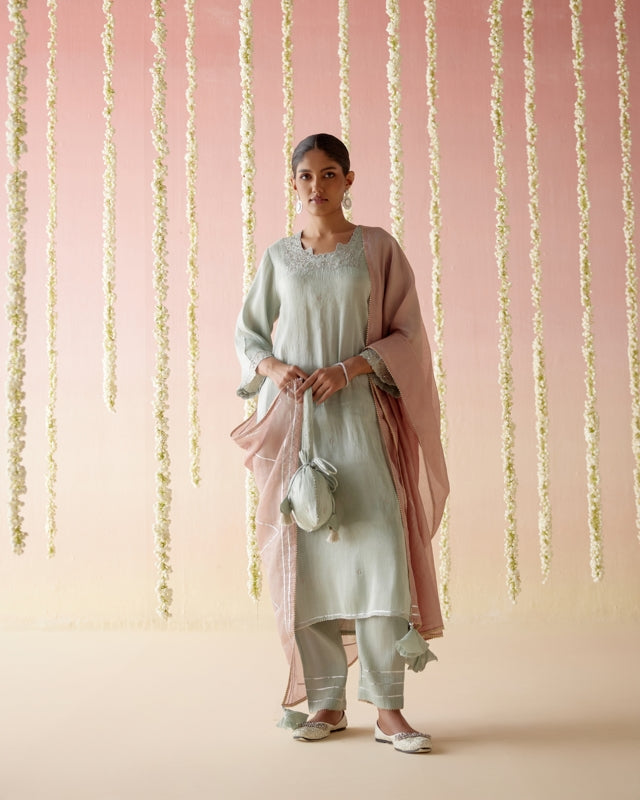 Mint Daisy Tissue Kurta with 
Narrow Pants & Dupatta - Set of 3