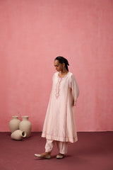 Cozy peach chanderi dori work  and resham embroidered kurta paired with organic cotton slip, pant & organza dupatta