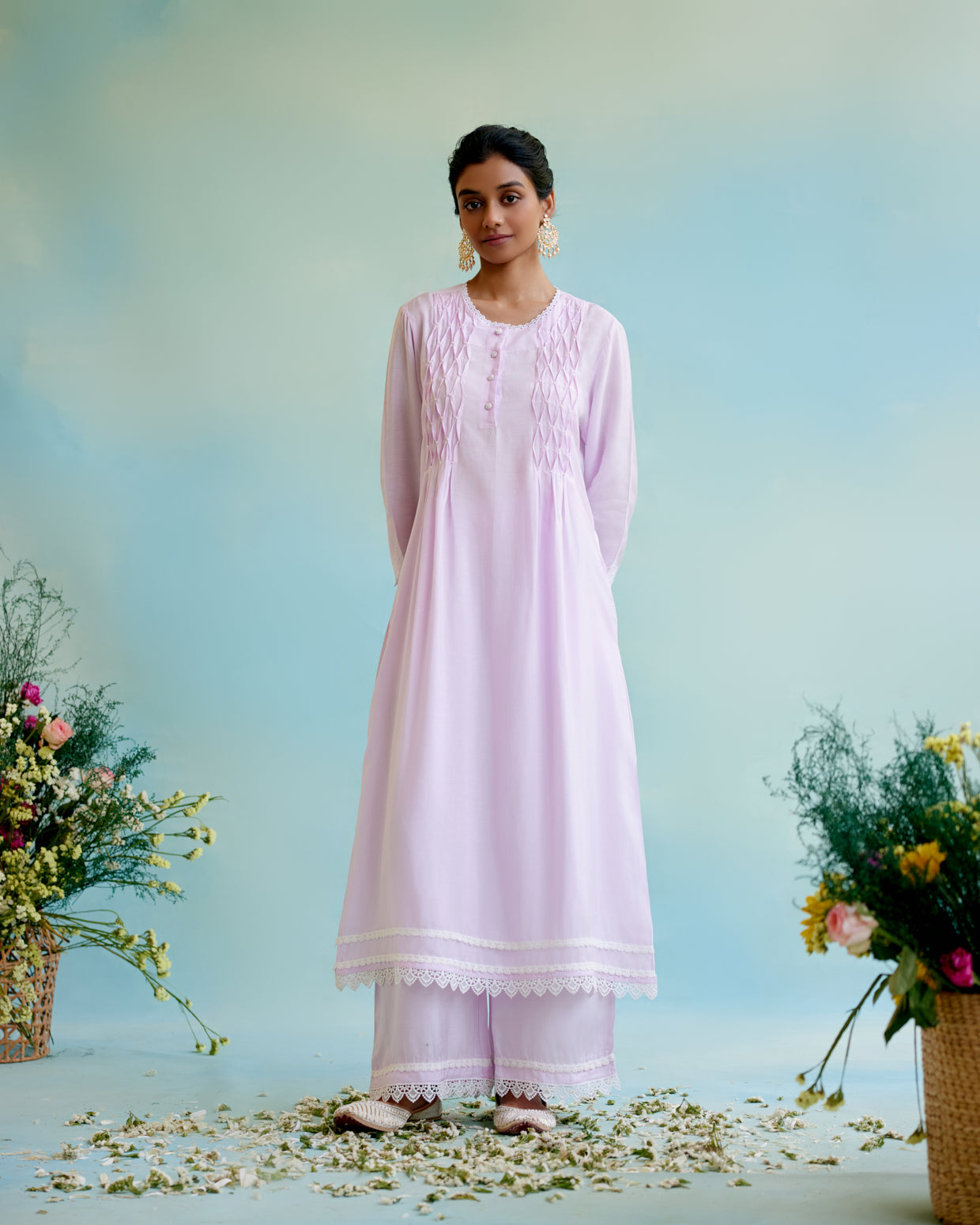 Lilac Pearl Kurta in Silky Modal with Beaded Smocking and Delicate Lace Detaling