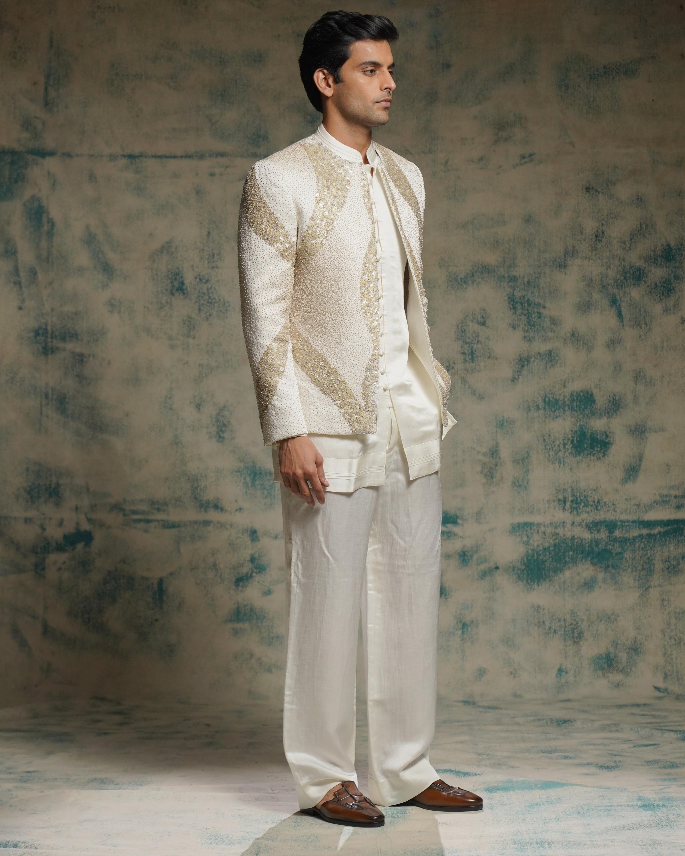 Ivory hand embroidered sequins short jacket set