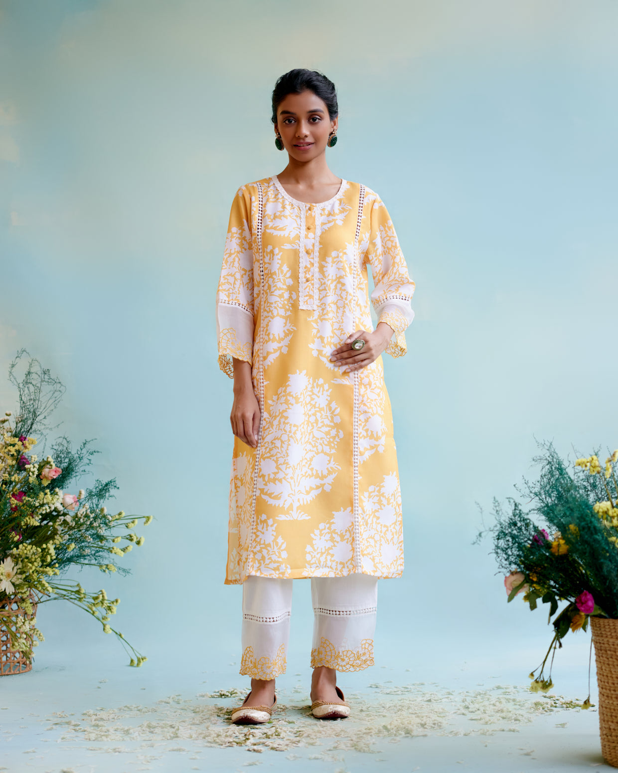 Daisy Yellow Cotton Linen Kurta with Lace Detailing and Embroidered Sleeves