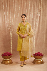 Olive Green Embroidered Kurta with 
Narrow Pants