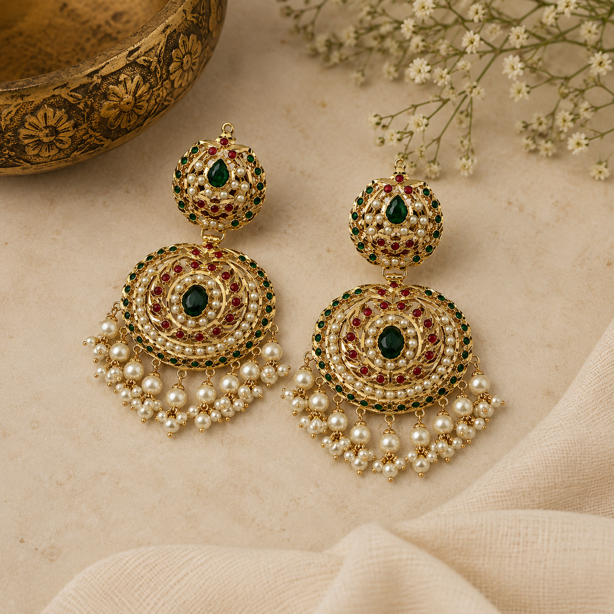 Jadau Pearl Embellished Circular Statement Earrings