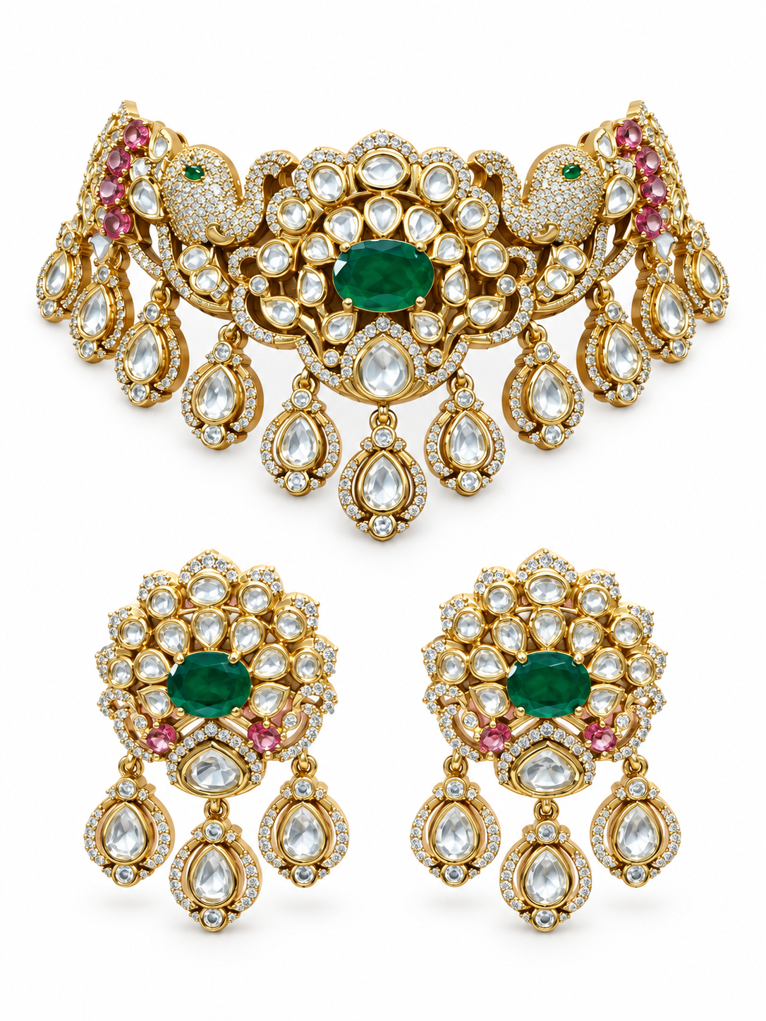 Emerald Moissanite Polki Choker Necklace Set