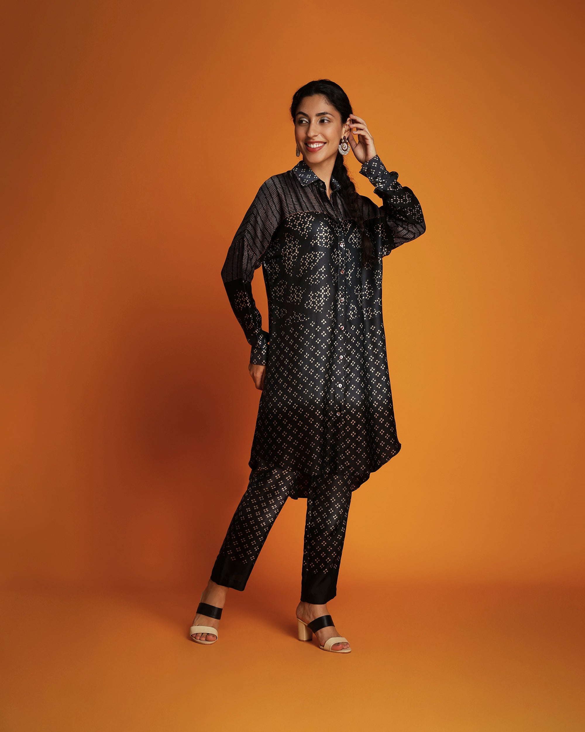 Black ombre block printed shirt tunic set