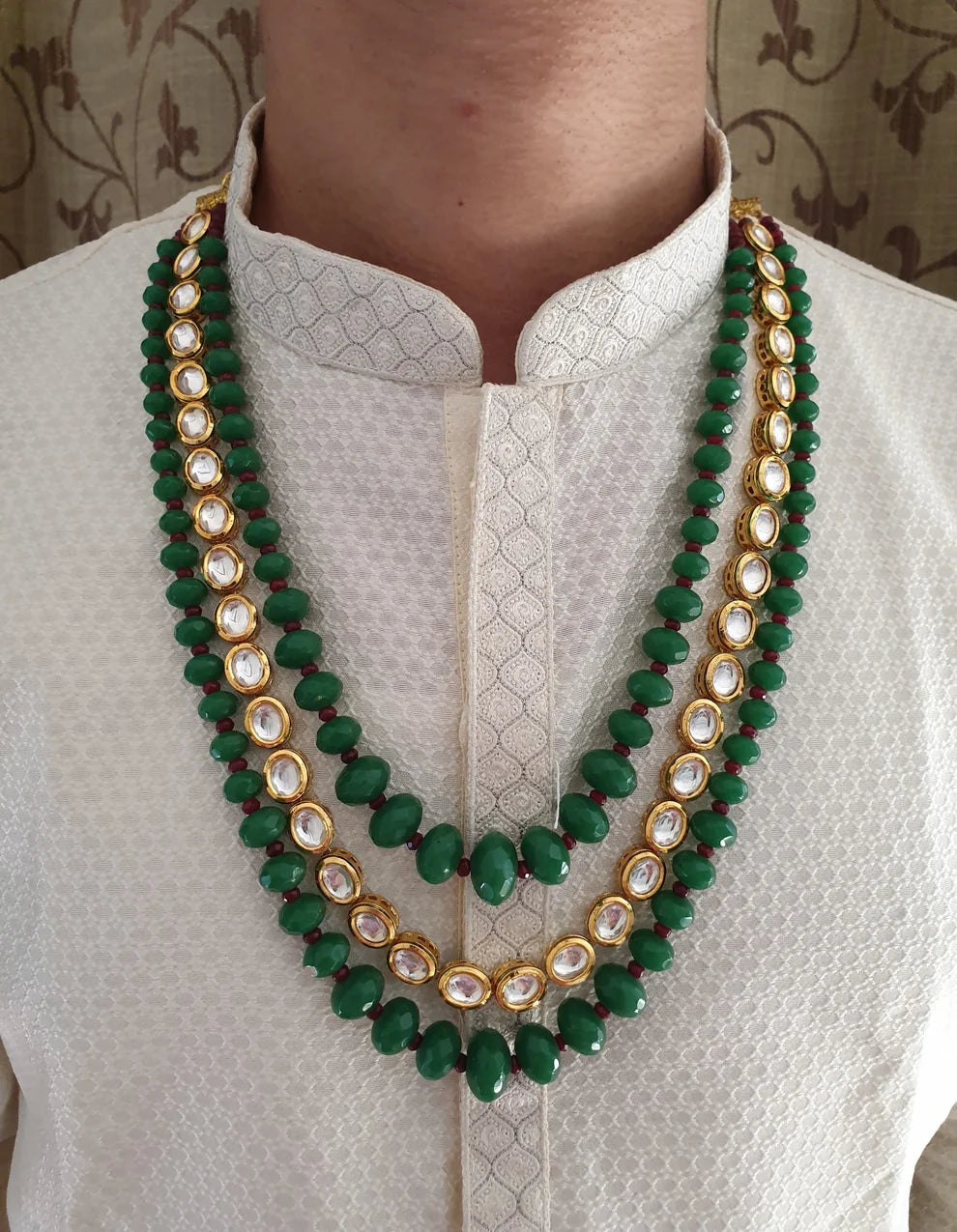 Three-Layered Kundan Green Beaded Mala