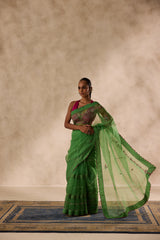 Green organza embroidered saree comes with unstitched & unembroidered blouse fabric in chanderi