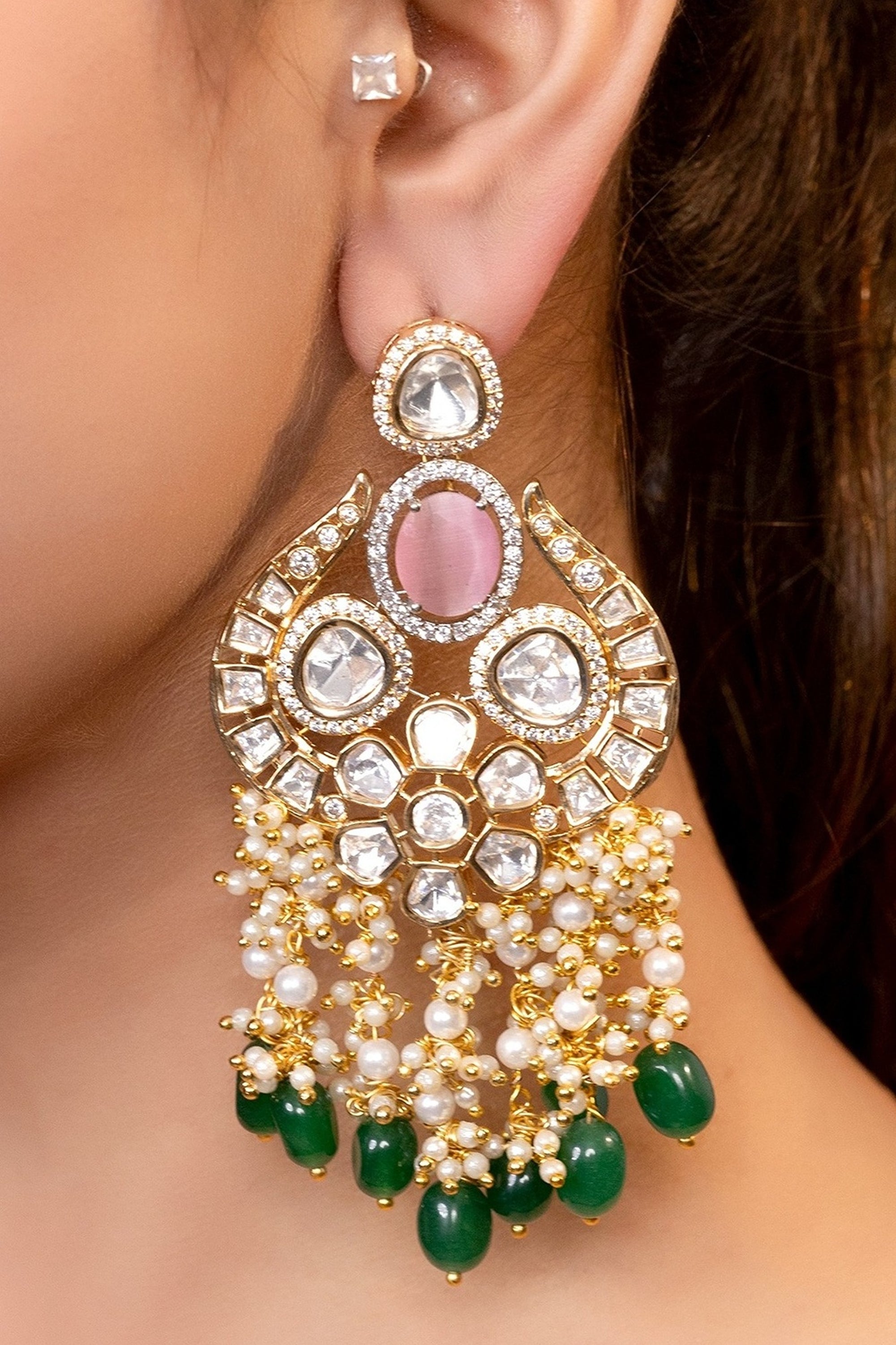 LE MORTHA GOLD PLATED MOISSANITE AND PEARLS STUDDED EARRINGS