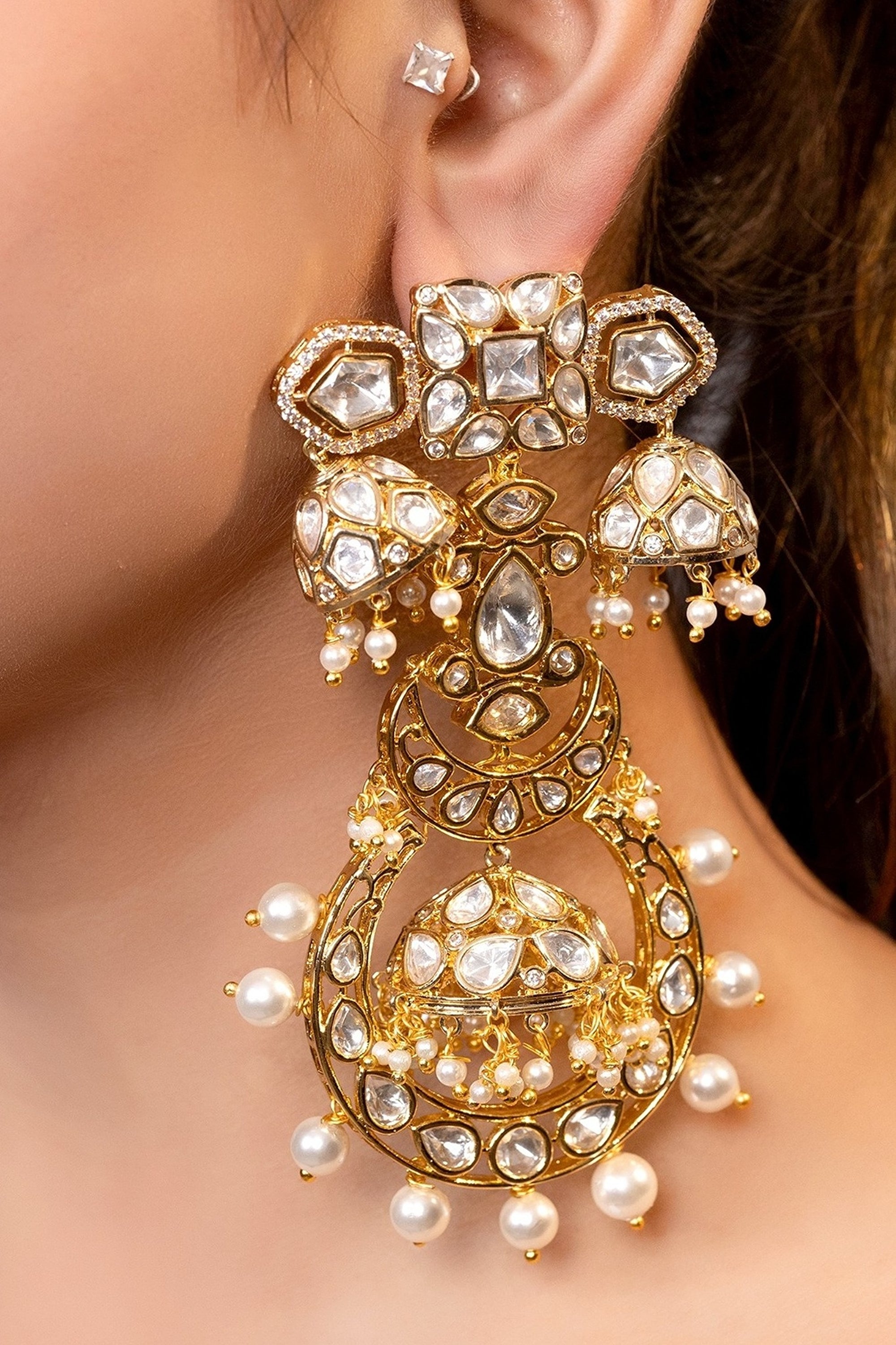 LE KARMA GOLD PLATED MOISSANITE AND PEARLS STUDDED EARRINGS