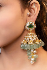 LE VALENN GOLD PLATED MOISSANITE AND GREEN PEARLS STUDDED EARRINGS