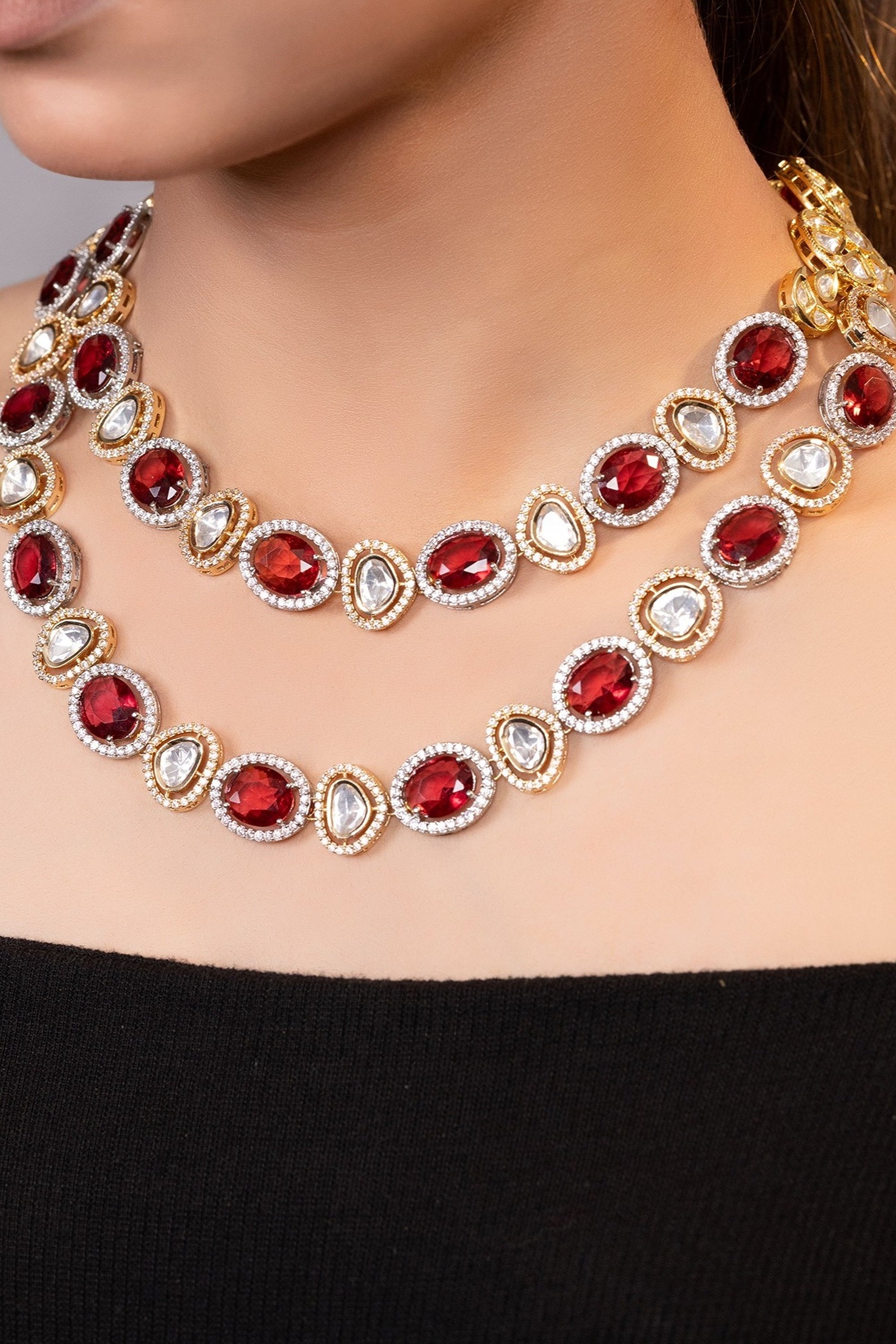 LE AIZAH RED BEADS AND MOISSANITE STUDDED NECKLACE