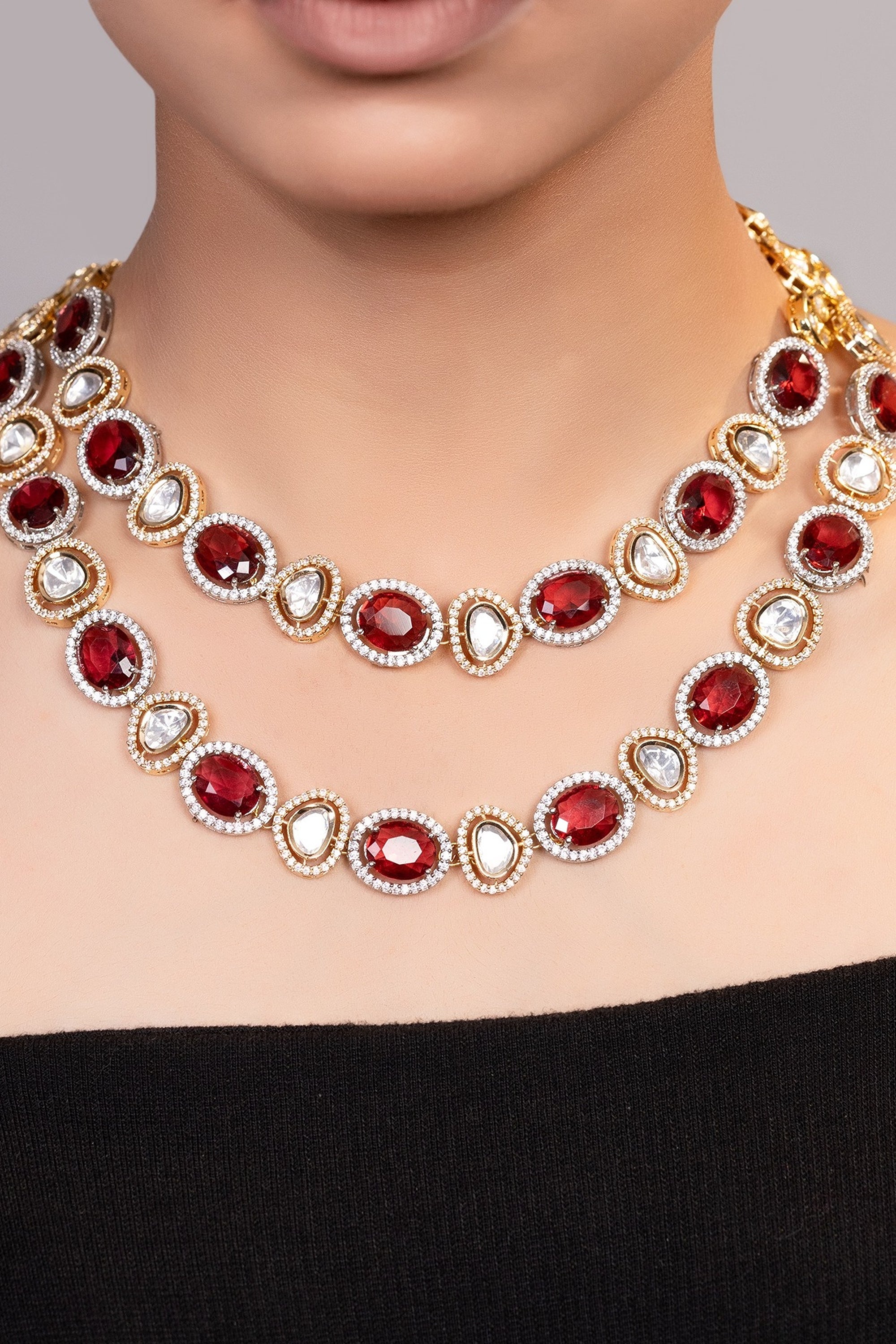 LE AIZAH RED BEADS AND MOISSANITE STUDDED NECKLACE