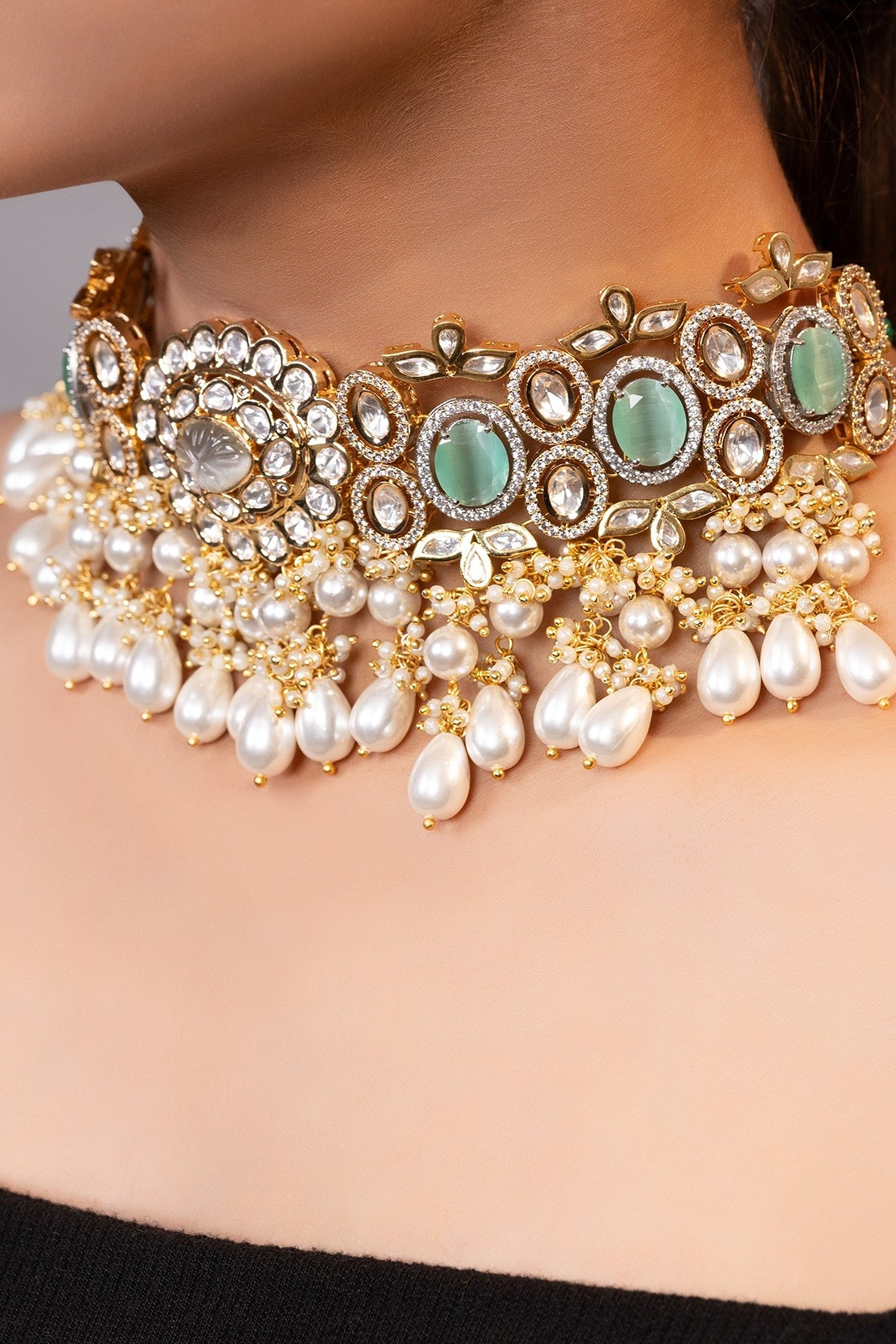 LE SENNA GOLD PLATED  SEA GREEN BEADS AND MOISSANITE STUDDED NECKLACE