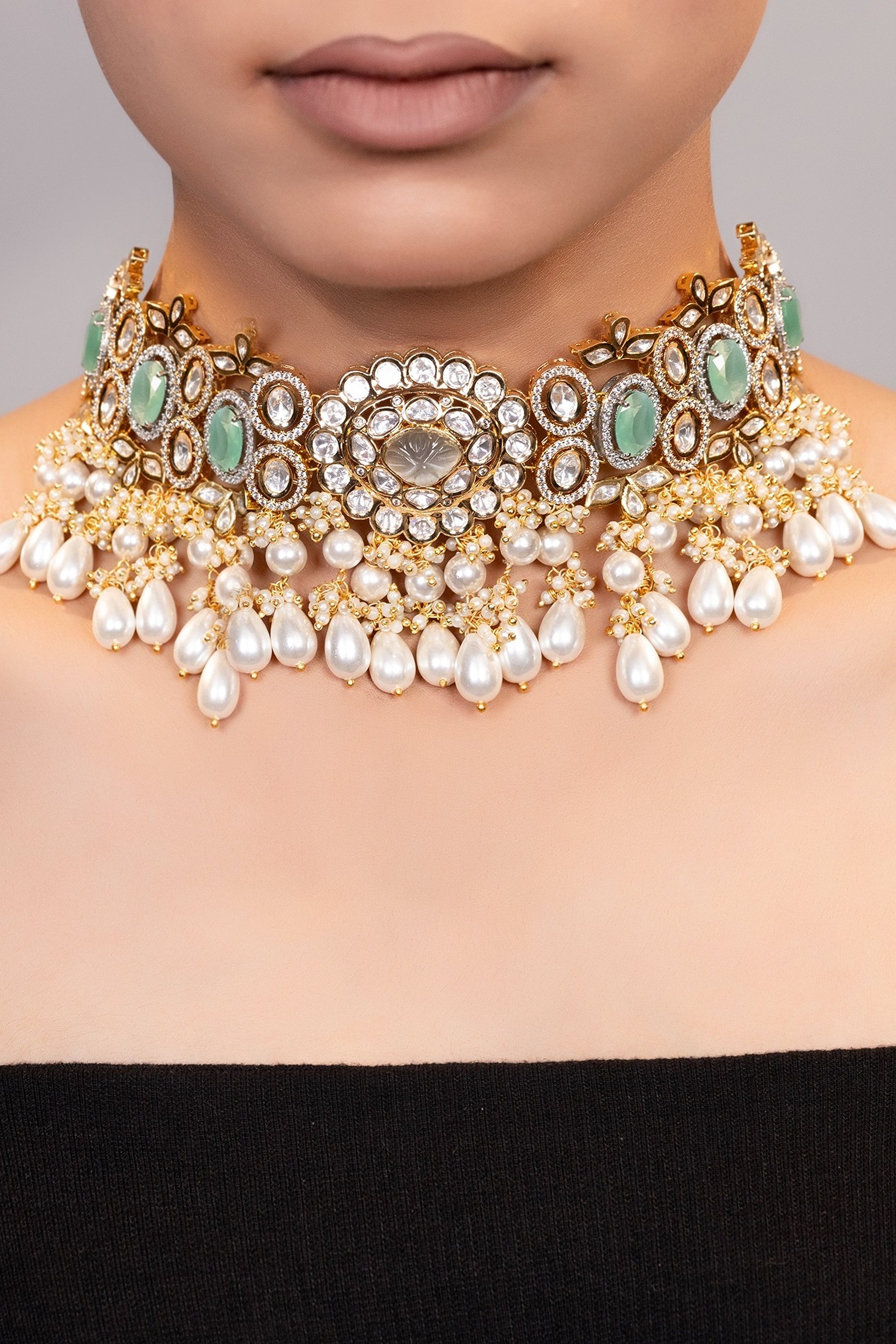 LE SENNA GOLD PLATED  SEA GREEN BEADS AND MOISSANITE STUDDED NECKLACE