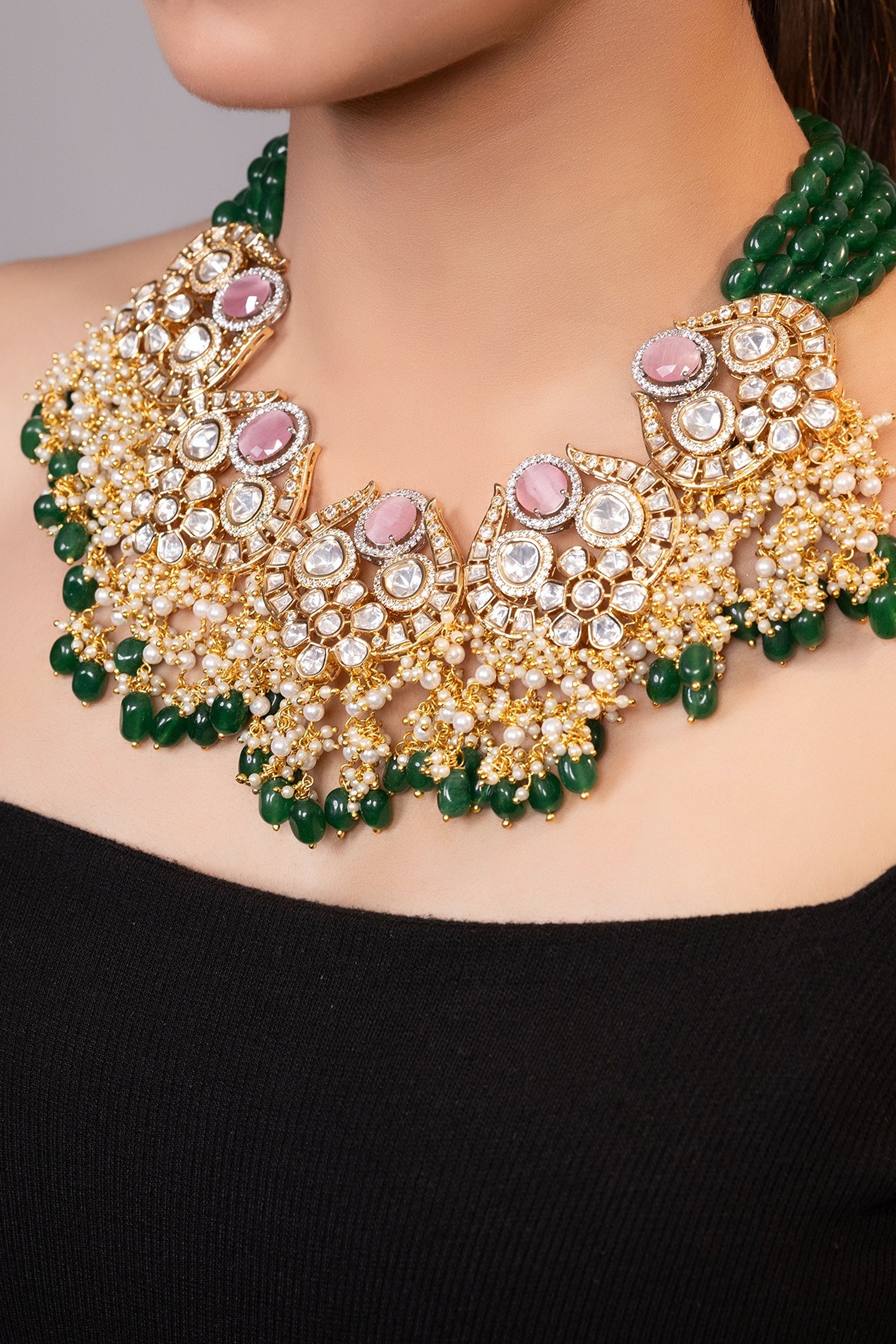 LE DELYTH GOLD PLATED   MULTI BEADS AND MOISSANITE STUDDED NECKLACE