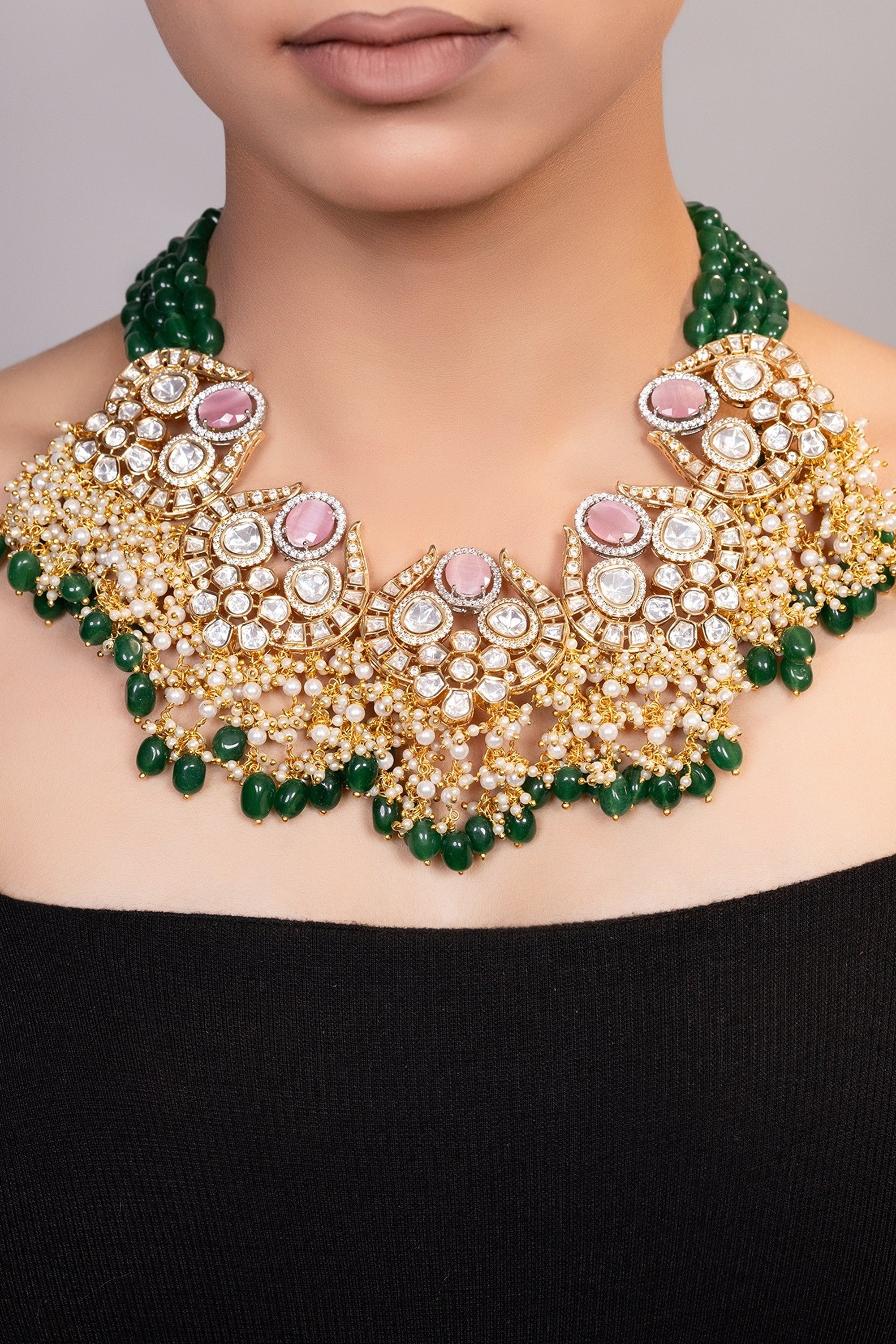 LE DELYTH GOLD PLATED   MULTI BEADS AND MOISSANITE STUDDED NECKLACE