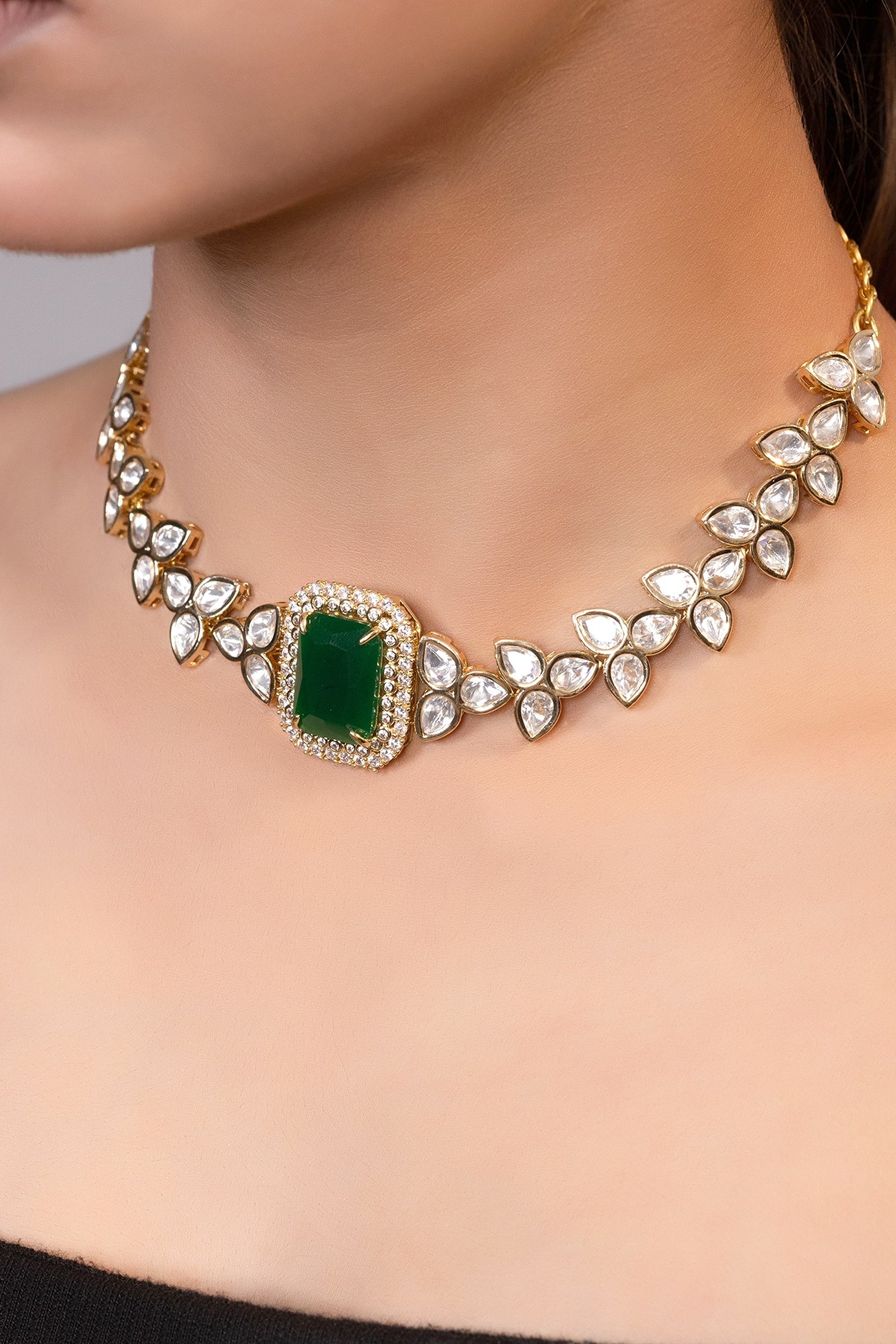 LE KEYA GOLD PLATED GREEN BEADS AND MOISSANITE STUDDED NECKLACE