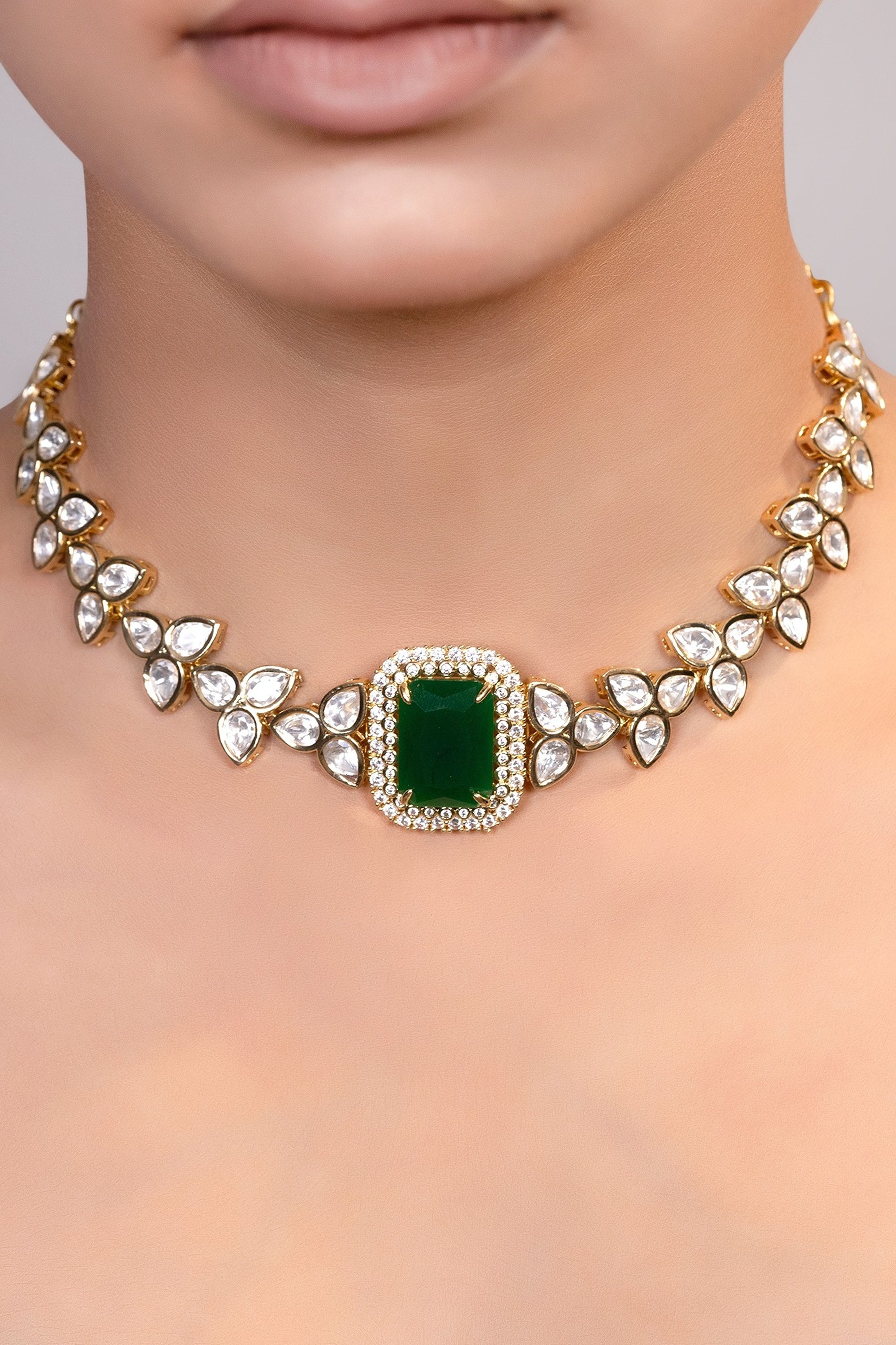 LE KEYA GOLD PLATED GREEN BEADS AND MOISSANITE STUDDED NECKLACE