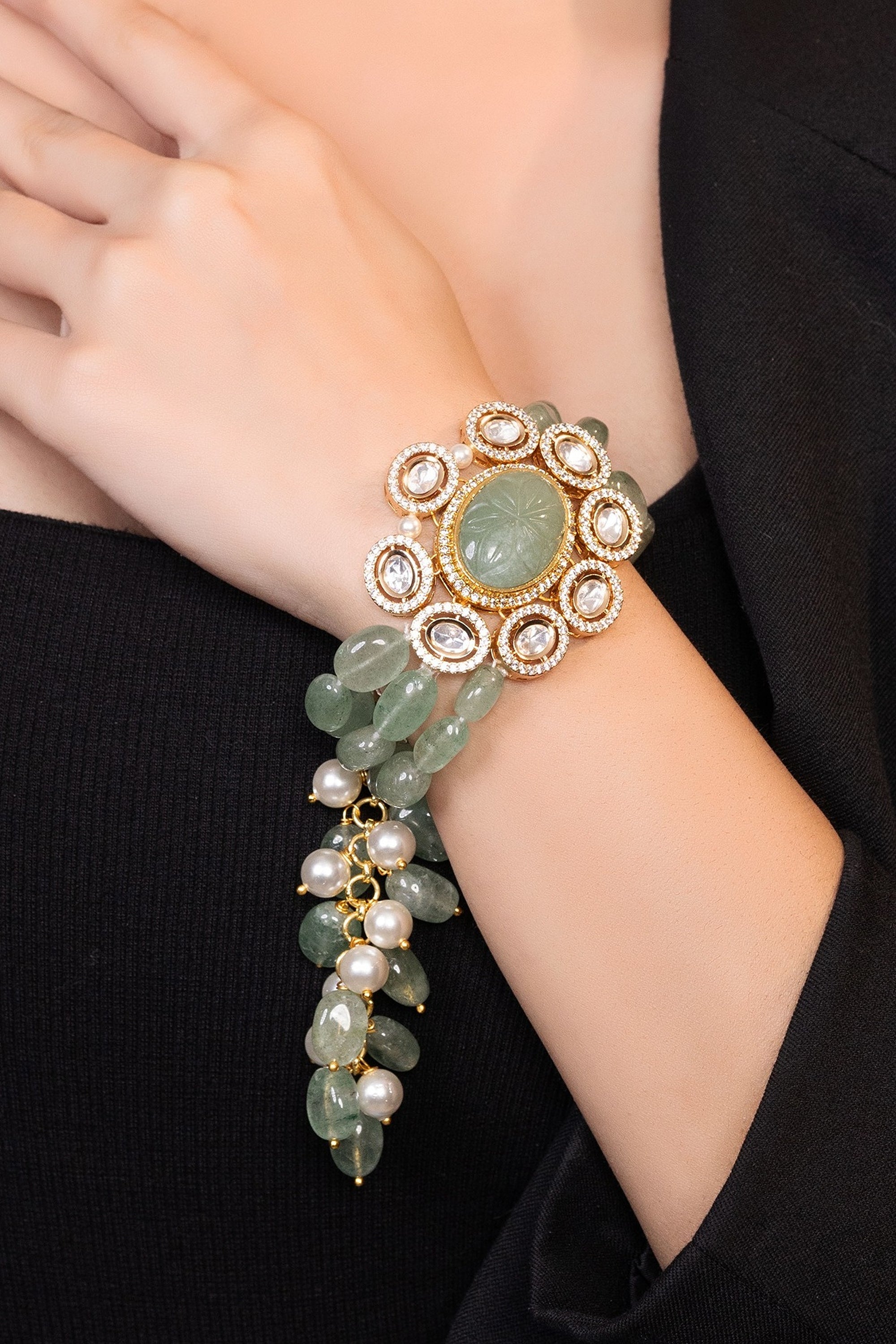 LE TIERAN GOLD PLATED GREEN BEADS AND MOISSANITE STUDDED BRACELET