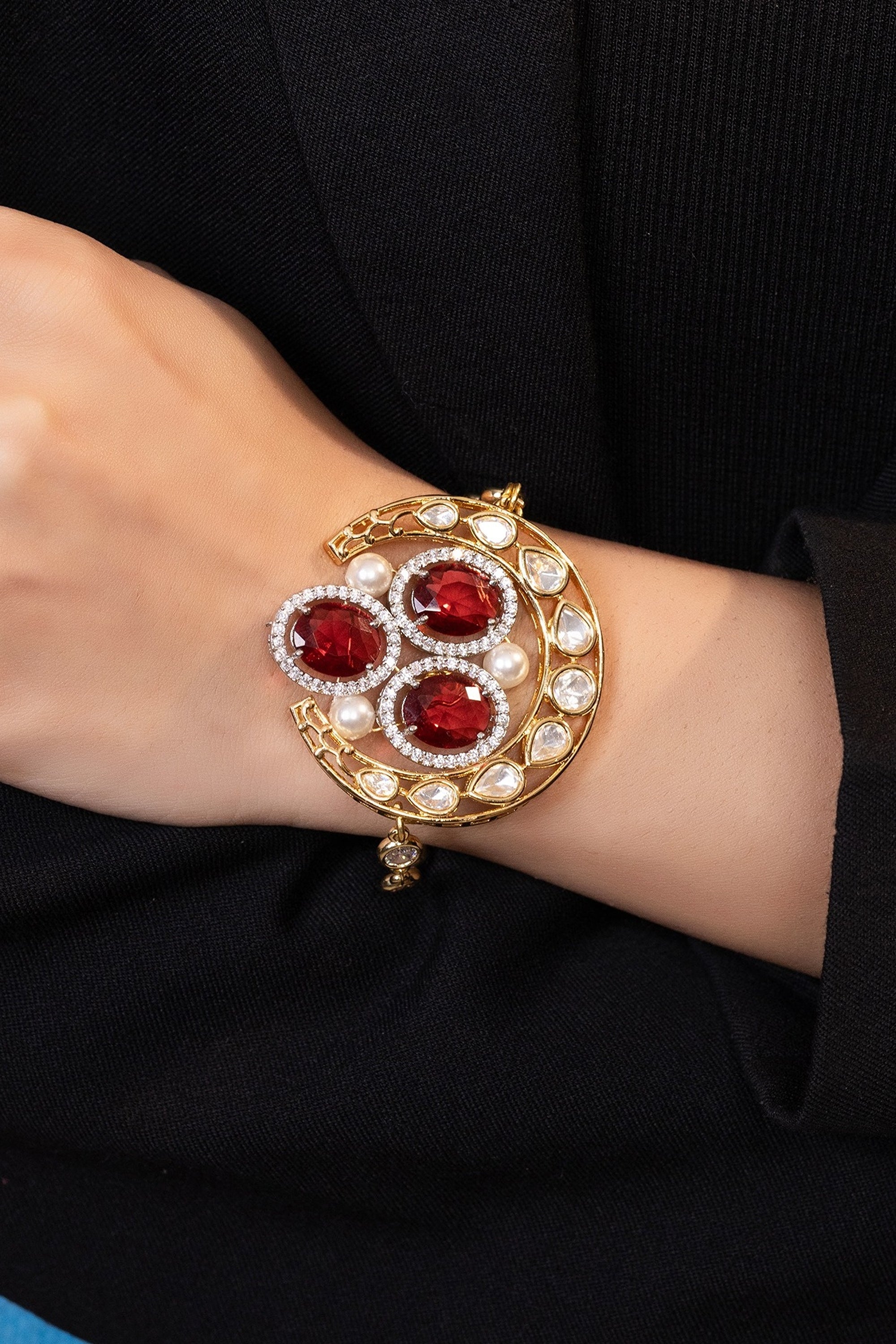 LE DIVA GOLD PLATED RED BEADS AND MOISSANITE STUDDED BRACELET