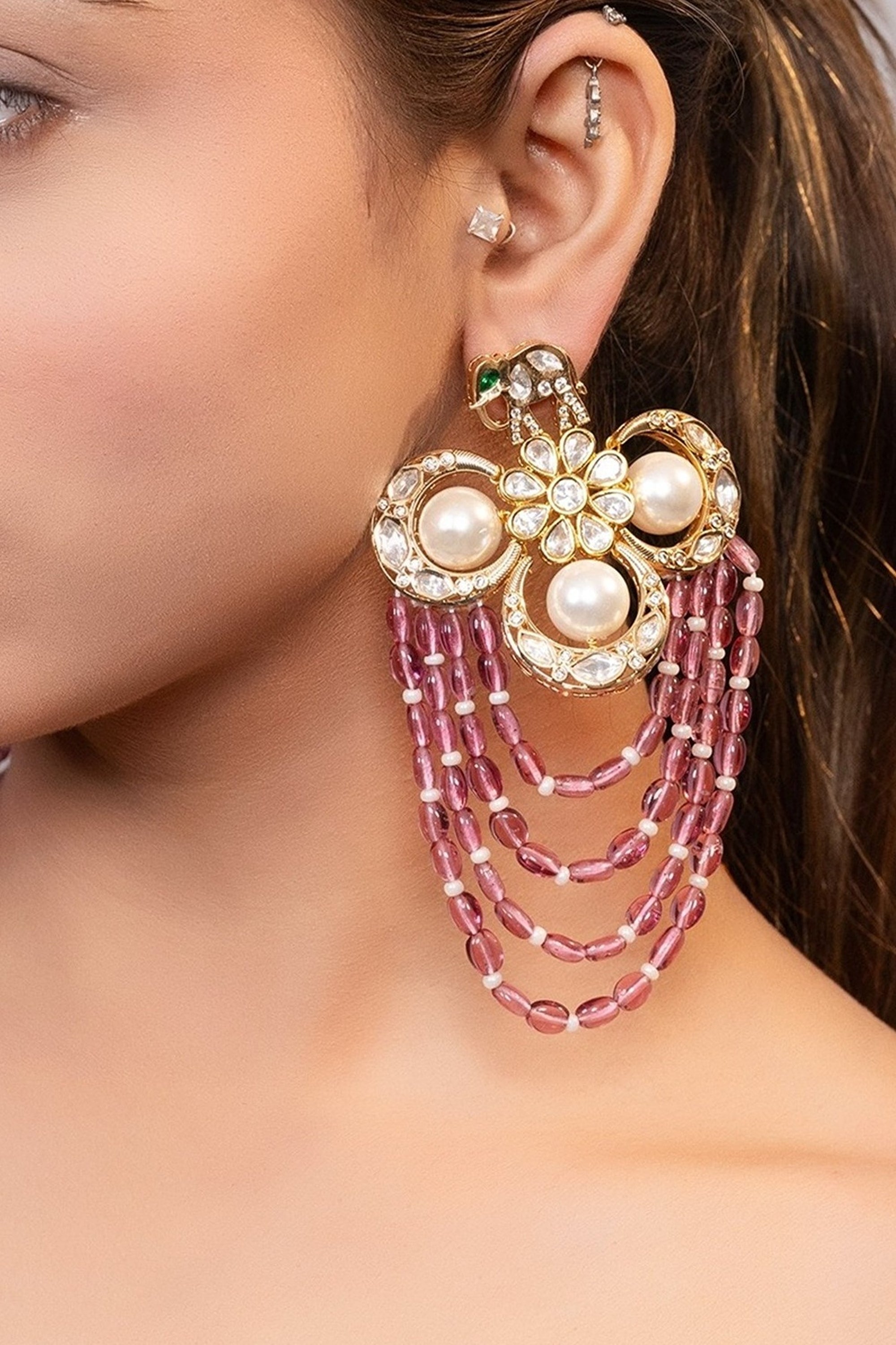LE TAVISHI PINK PEARLS AND MOISSANITE STUDDED EARRINGS
