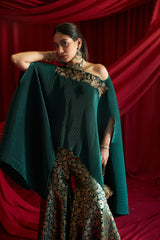 Divine Embroidered Cape with Brocade Sharara Pants - Emerald Green