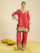 Red Divine Tissue Kurta Set