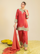 Red Divine Tissue Kurta Set