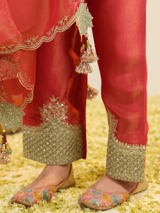 Red Divine Tissue Kurta Set
