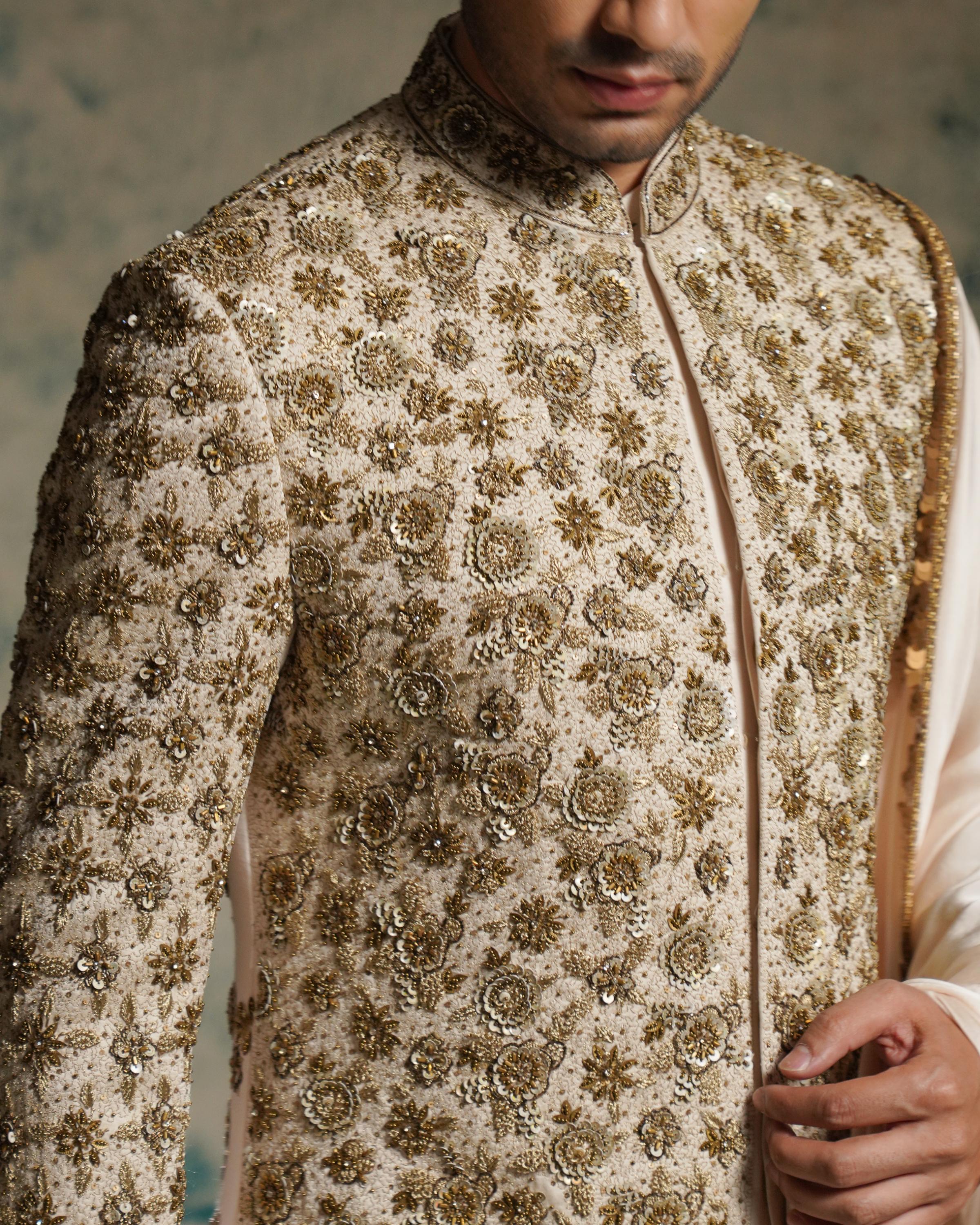 Apricot Ivory Silk embriodered zari Sherwani Set