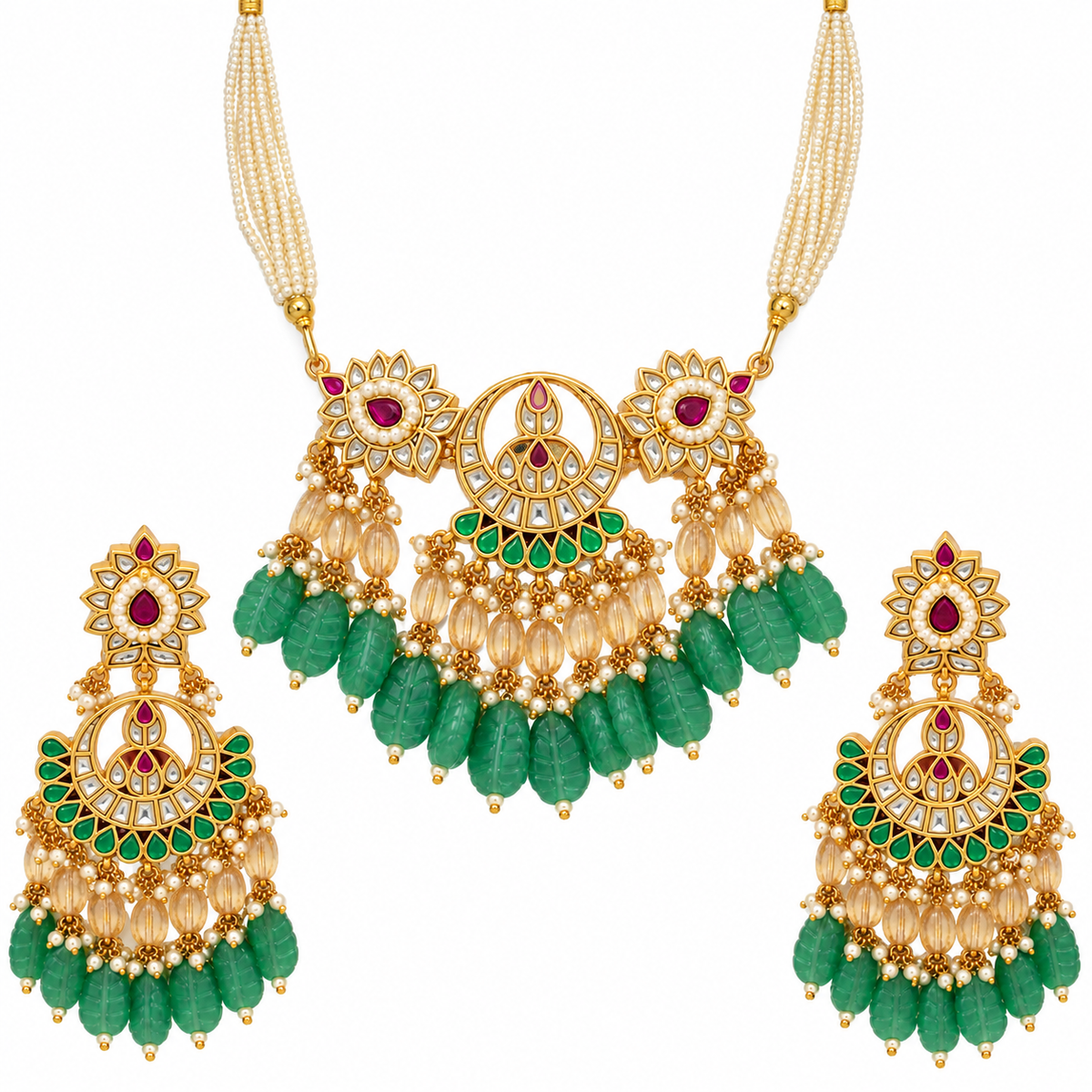 Emerald Carved Beaded Kundan Necklace Set 29
