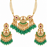 Emerald Carved Beaded Kundan Necklace Set 29